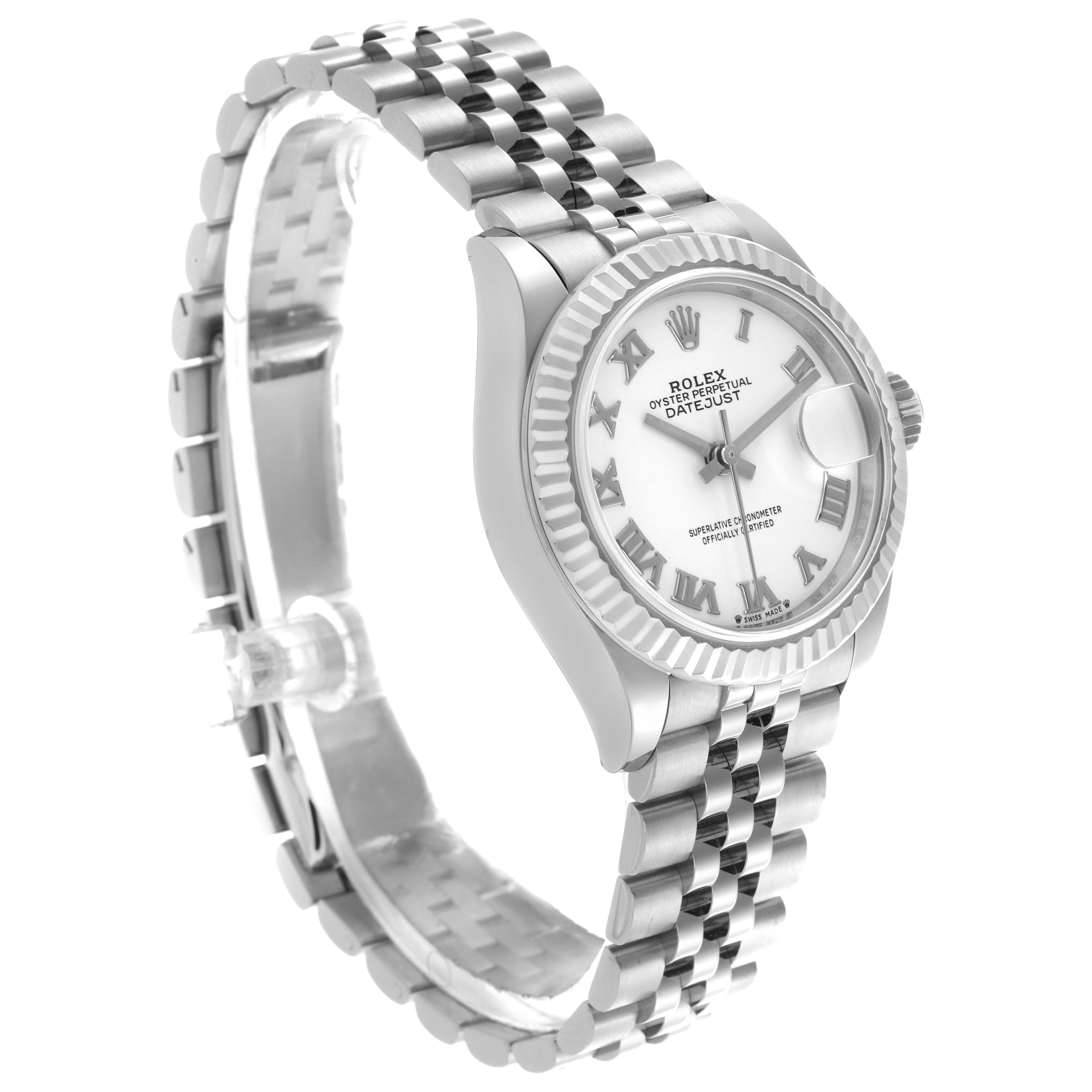 The Rolex Datejust 279174 Women
s Stainless Steel White Dial 279174 Women
s Stainless Steel White Dial watch is shown at an angle displaying its face, bezel, case, and bracelet.