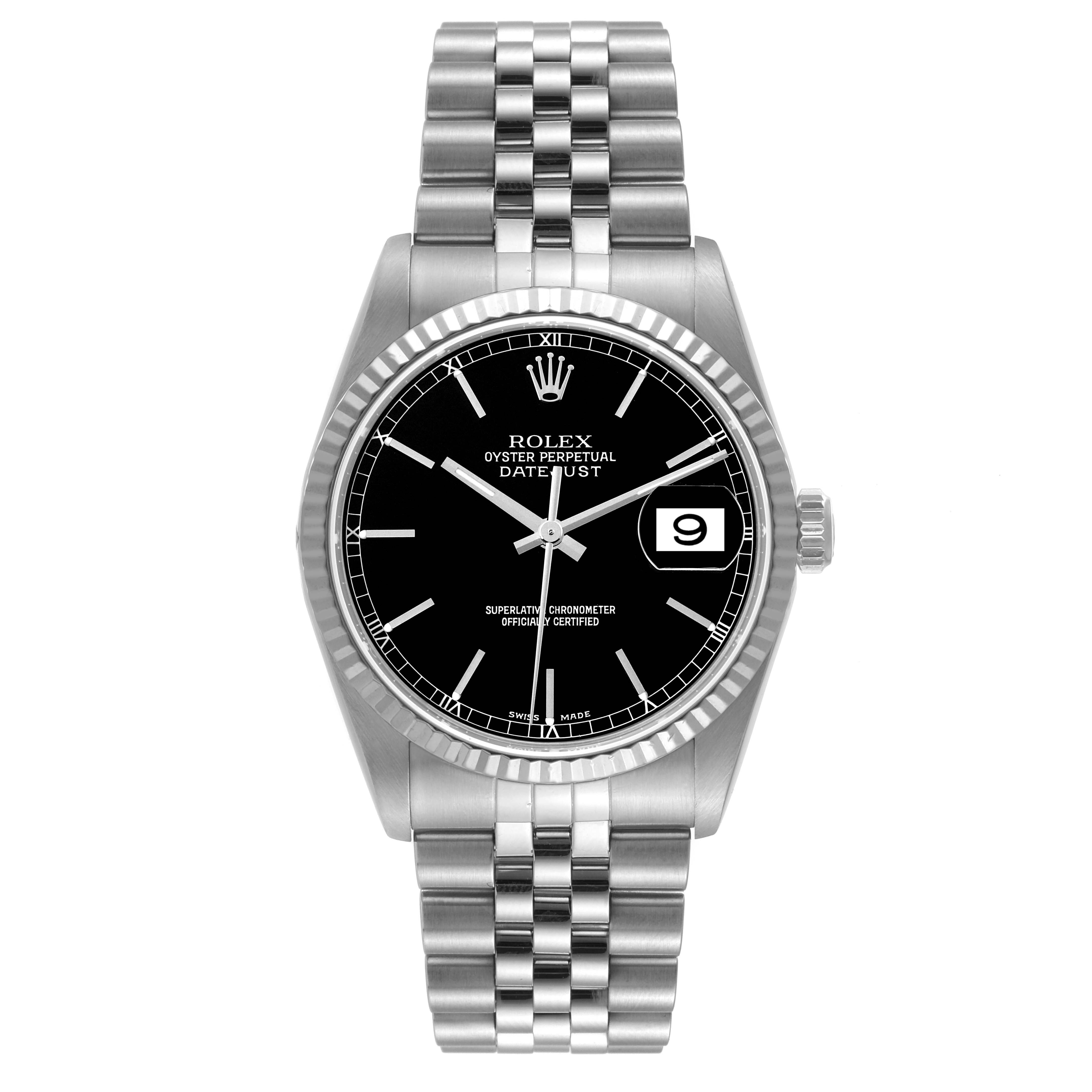 This image shows a front view of a Rolex Datejust 16234 Men's Stainless Steel Black Dial 16234 Men's Stainless Steel Black Dial watch, featuring its face, bracelet, and bezel.