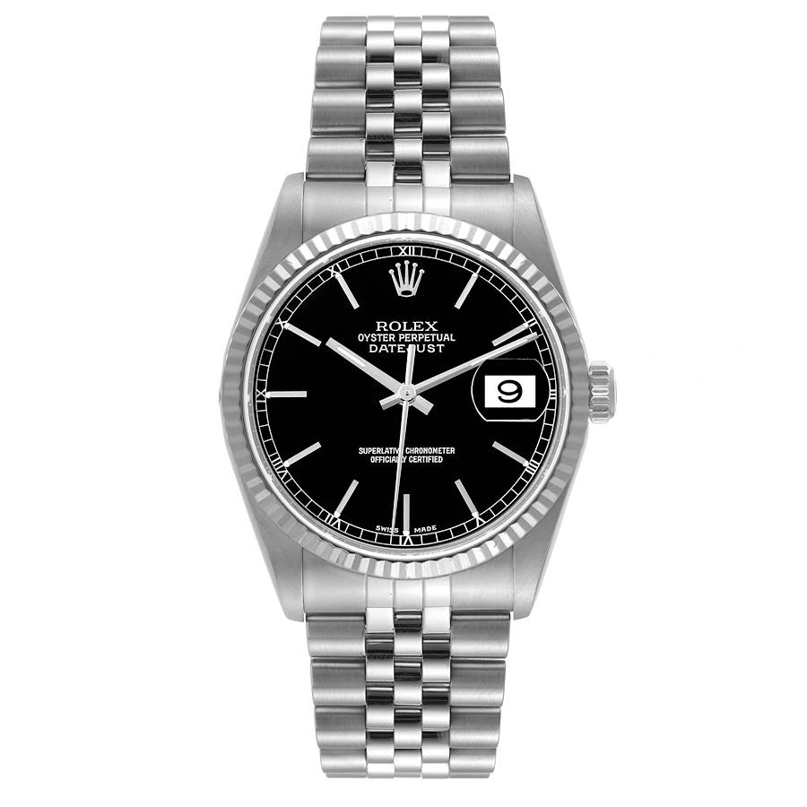 Gents Stainless Rolex Datejust and black dial 36mm steel and white gold  bezel blk dial jubilee 16234