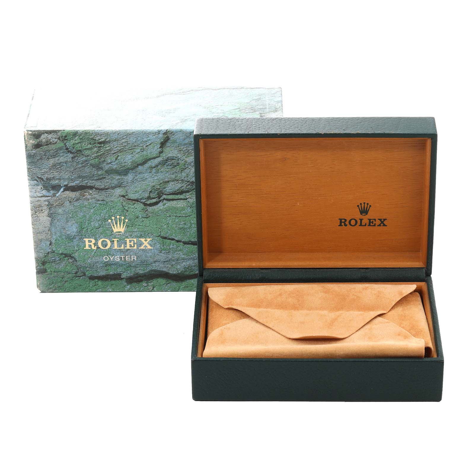 The image shows an open Rolex Datejust 16234 Men's Stainless Steel Black Dial 16234 Men's Stainless Steel Black Dial watch box with the outer green sleeve and beige pouch inside.