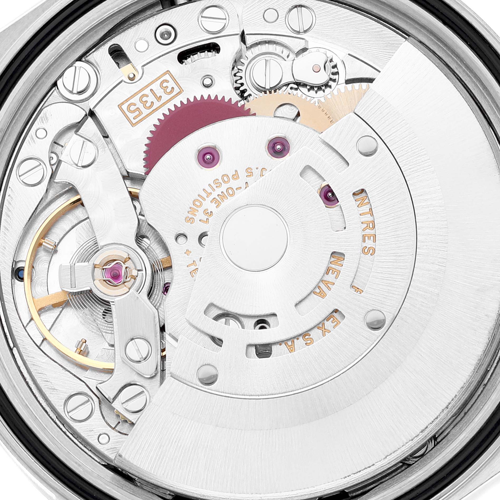 This close-up image shows the internal mechanism and movement parts of a Rolex Datejust 16234 Men's Stainless Steel Black Dial 16234 Men's Stainless Steel Black Dial watch.
