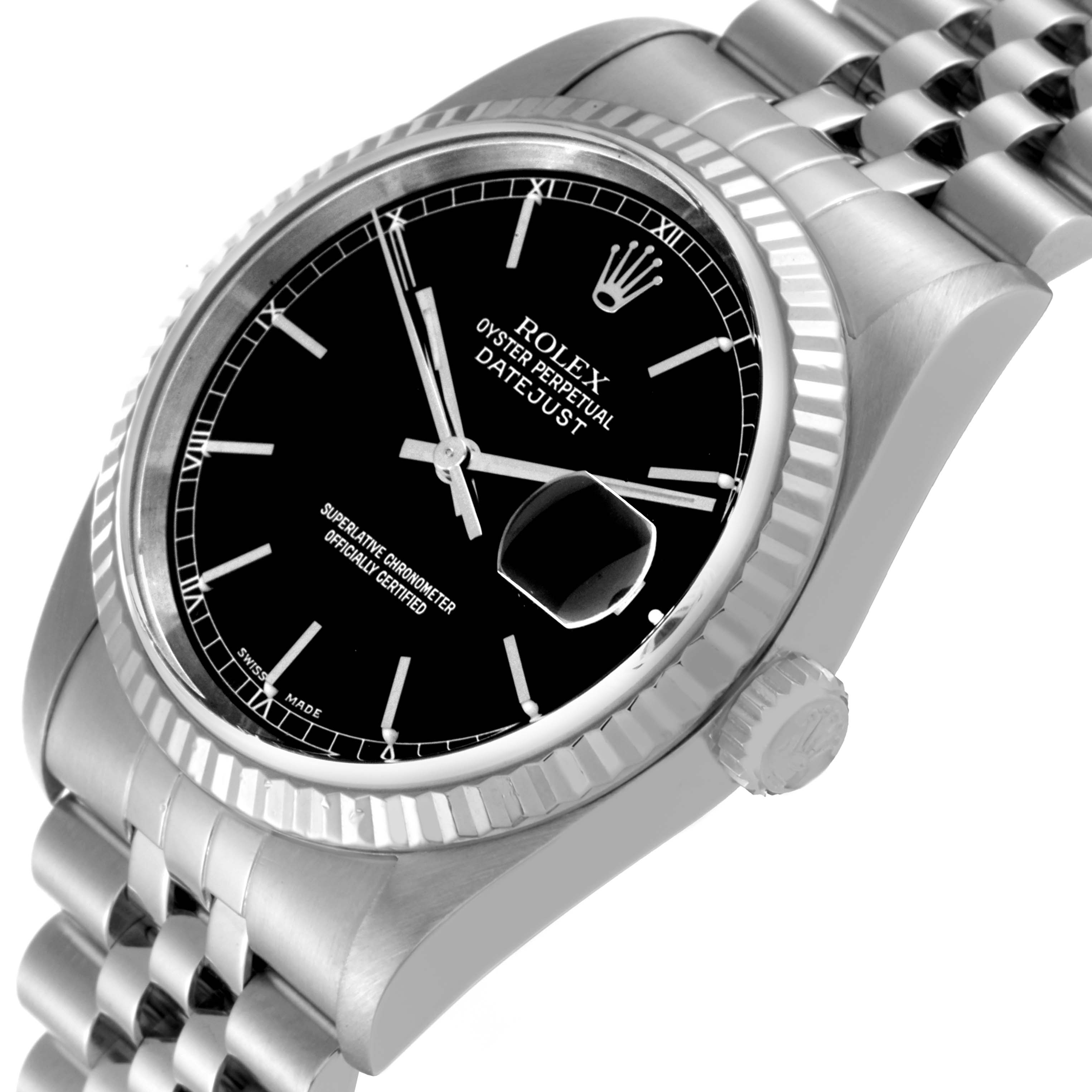 This image shows a Rolex Datejust 16234 Men's Stainless Steel Black Dial 16234 Men's Stainless Steel Black Dial watch at an angled view highlighting the dial, fluted bezel, and part of the Jubilee bracelet.