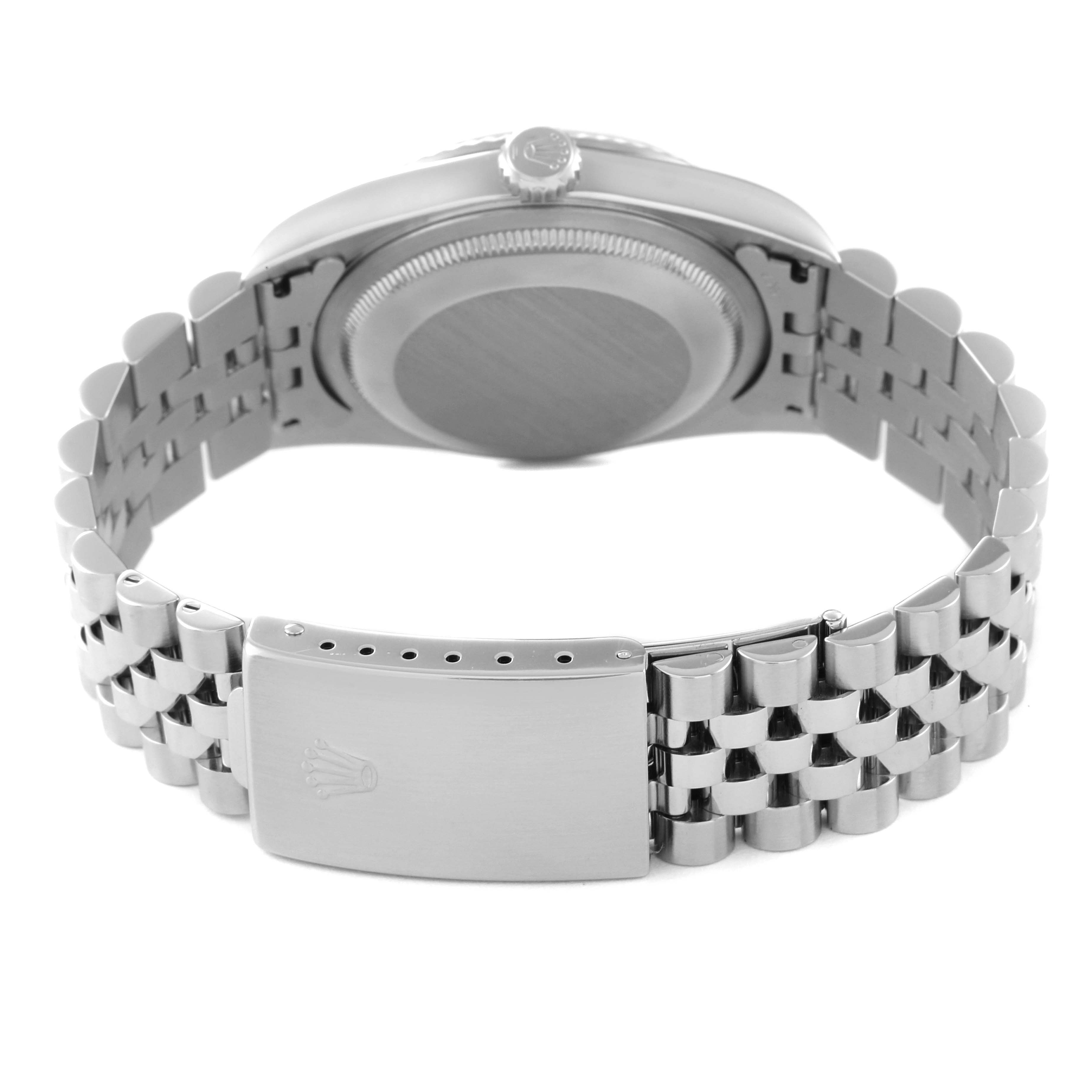 This image shows the back and the bracelet of a Rolex Datejust 16234 Men's Stainless Steel Black Dial 16234 Men's Stainless Steel Black Dial watch from a rear angle.