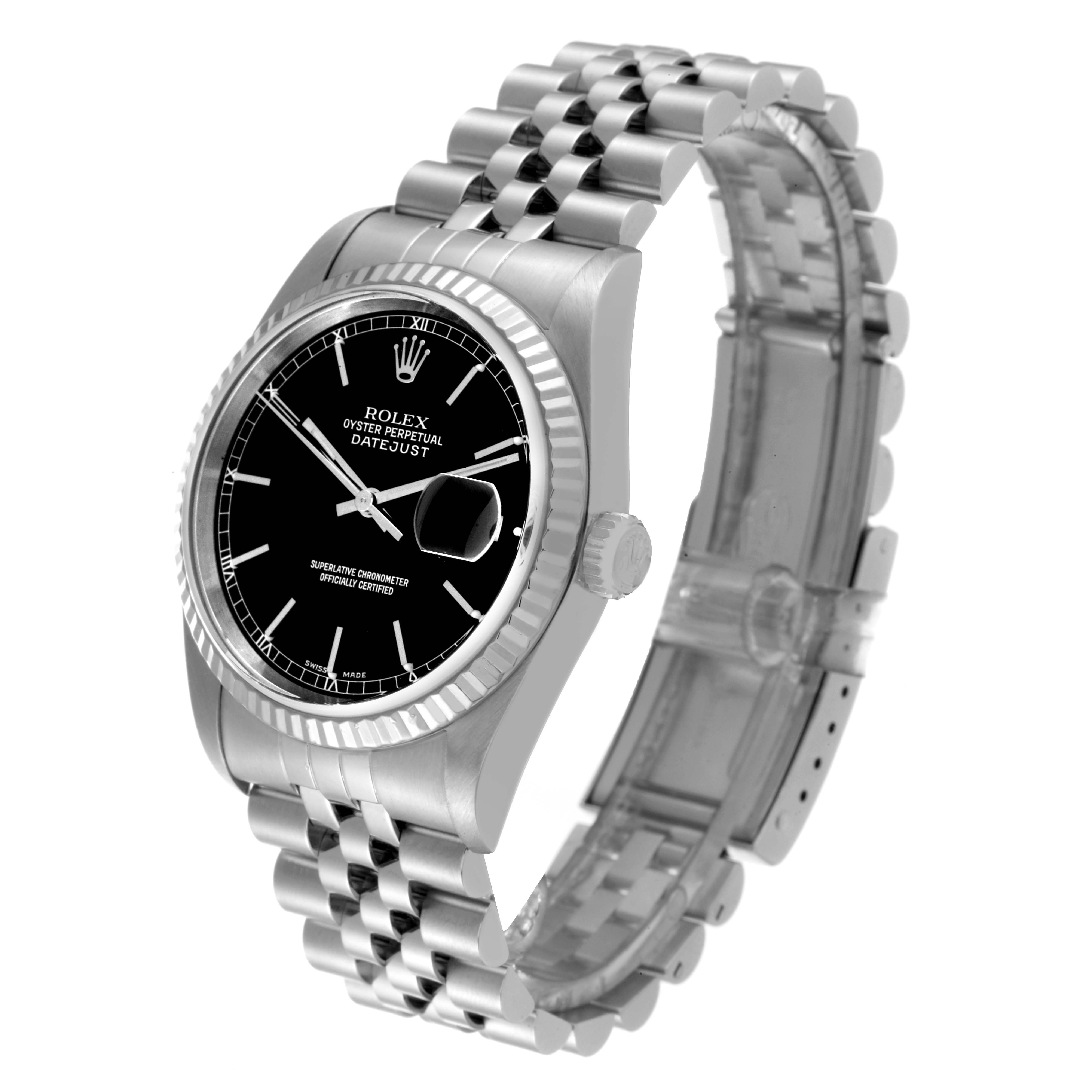 The image shows a Rolex Datejust 16234 Men's Stainless Steel Black Dial 16234 Men's Stainless Steel Black Dial watch with a black dial, fluted bezel, and Jubilee bracelet, viewed at a slight angle from the front and side.