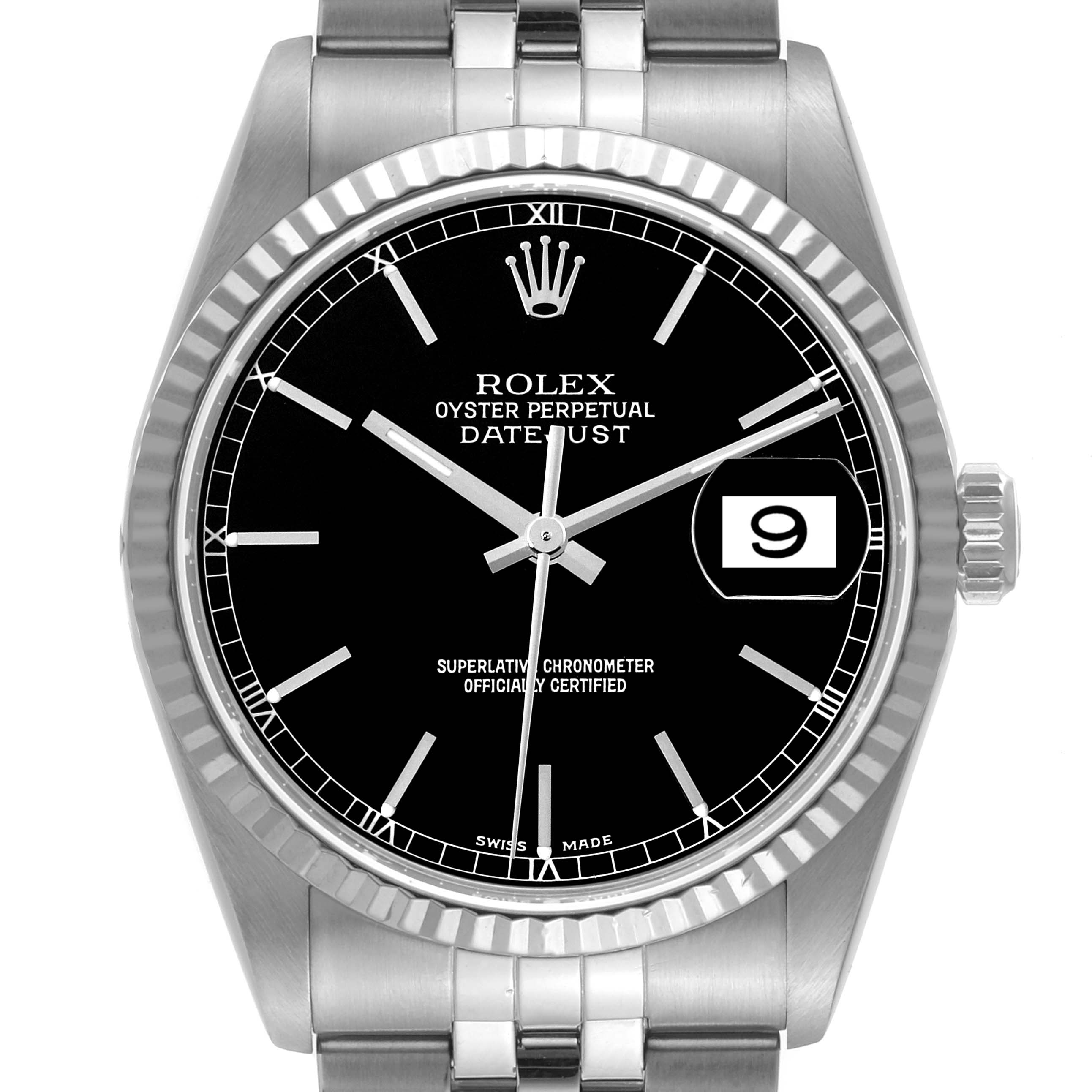 Front view of the Rolex Datejust 16234 Men's Stainless Steel Black Dial 16234 Men's Stainless Steel Black Dial watch showing the face, bezel, crown, and part of the bracelet.