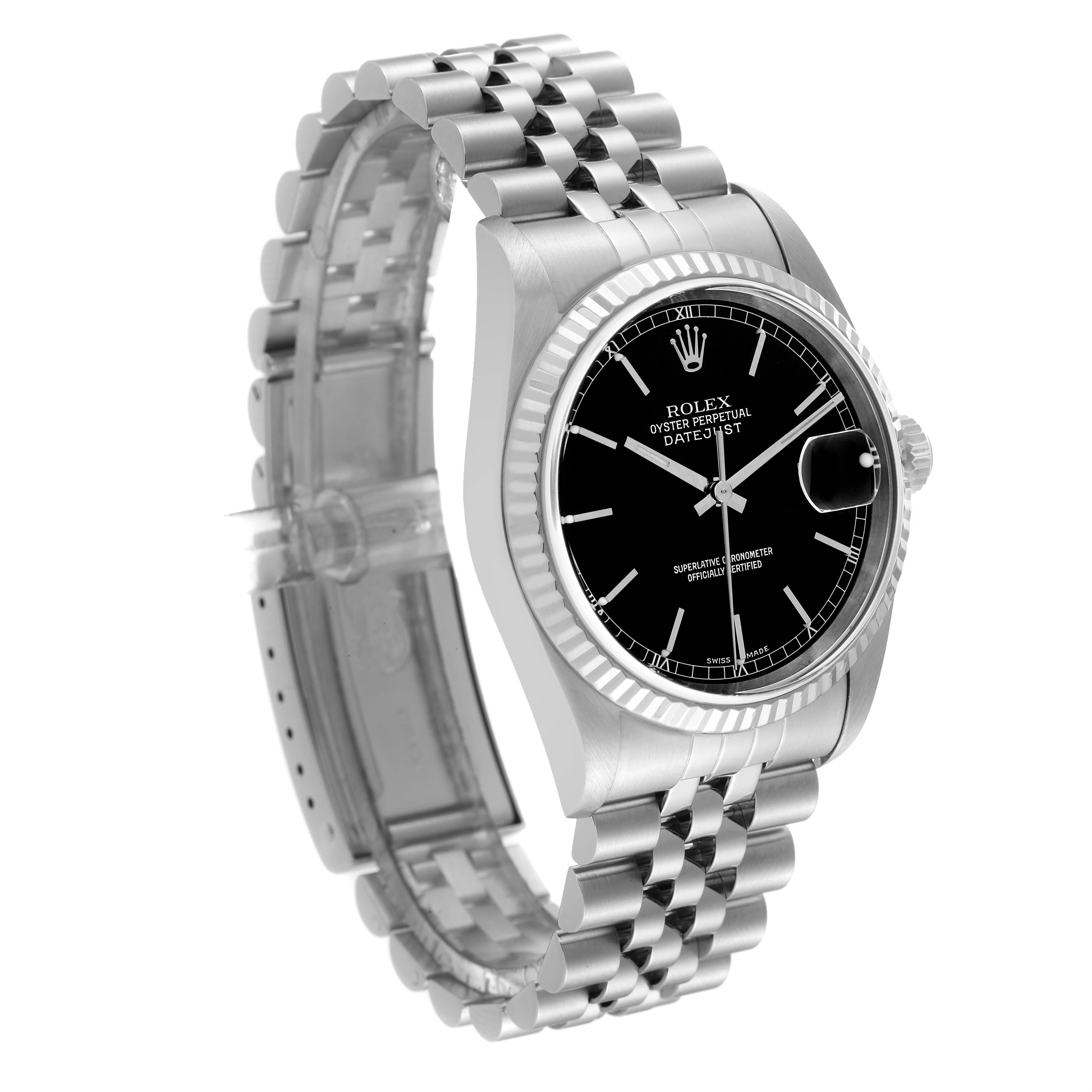 The Rolex Datejust 16234 Men's Stainless Steel Black Dial 16234 Men's Stainless Steel Black Dial watch is shown at a slight angle, displaying its black dial, fluted bezel, and Jubilee bracelet.
