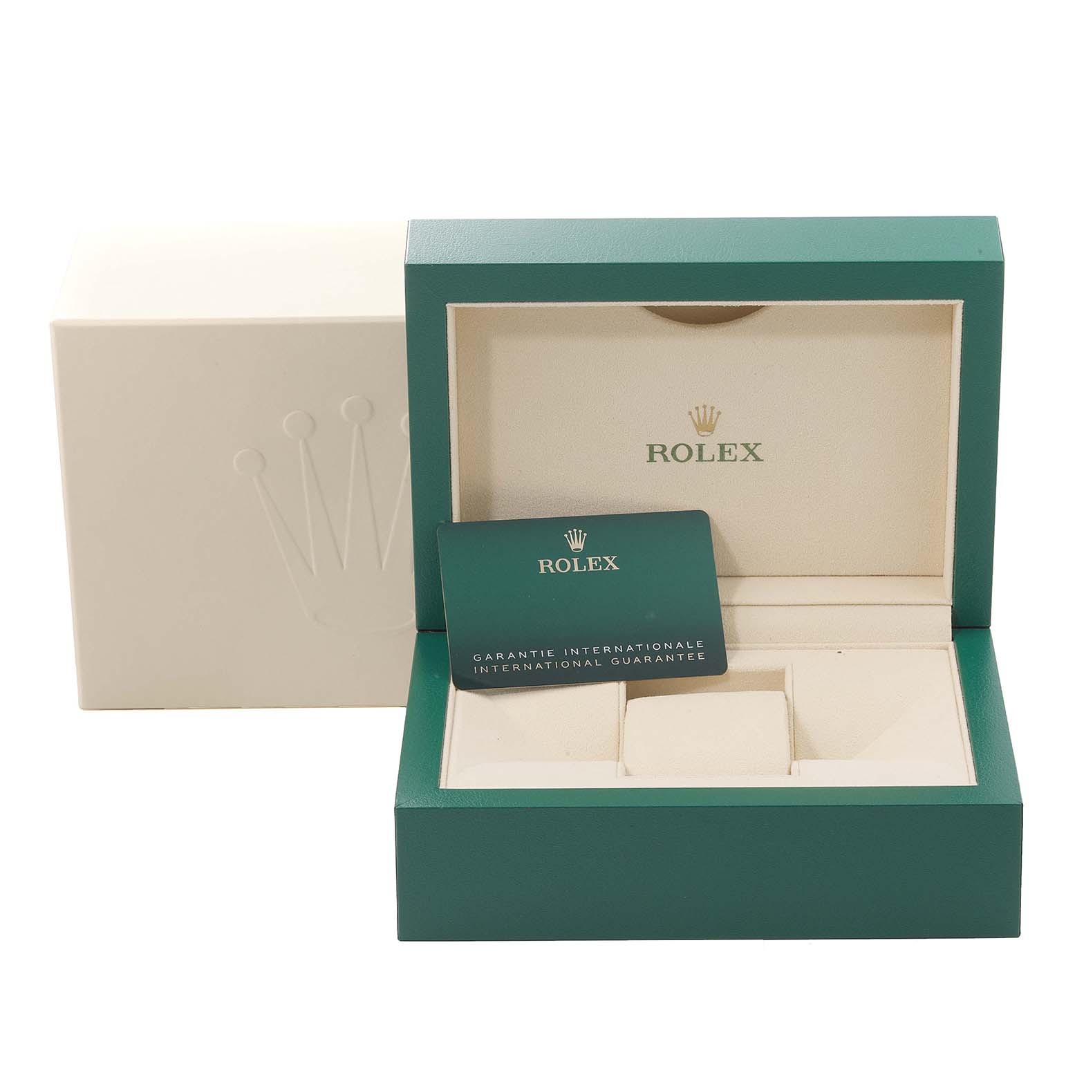 This image shows the box and international guarantee card for a Rolex Datejust 41 126300 Men's Stainless Steel Grey Dial 126300 Men's Stainless Steel Grey Dial watch.