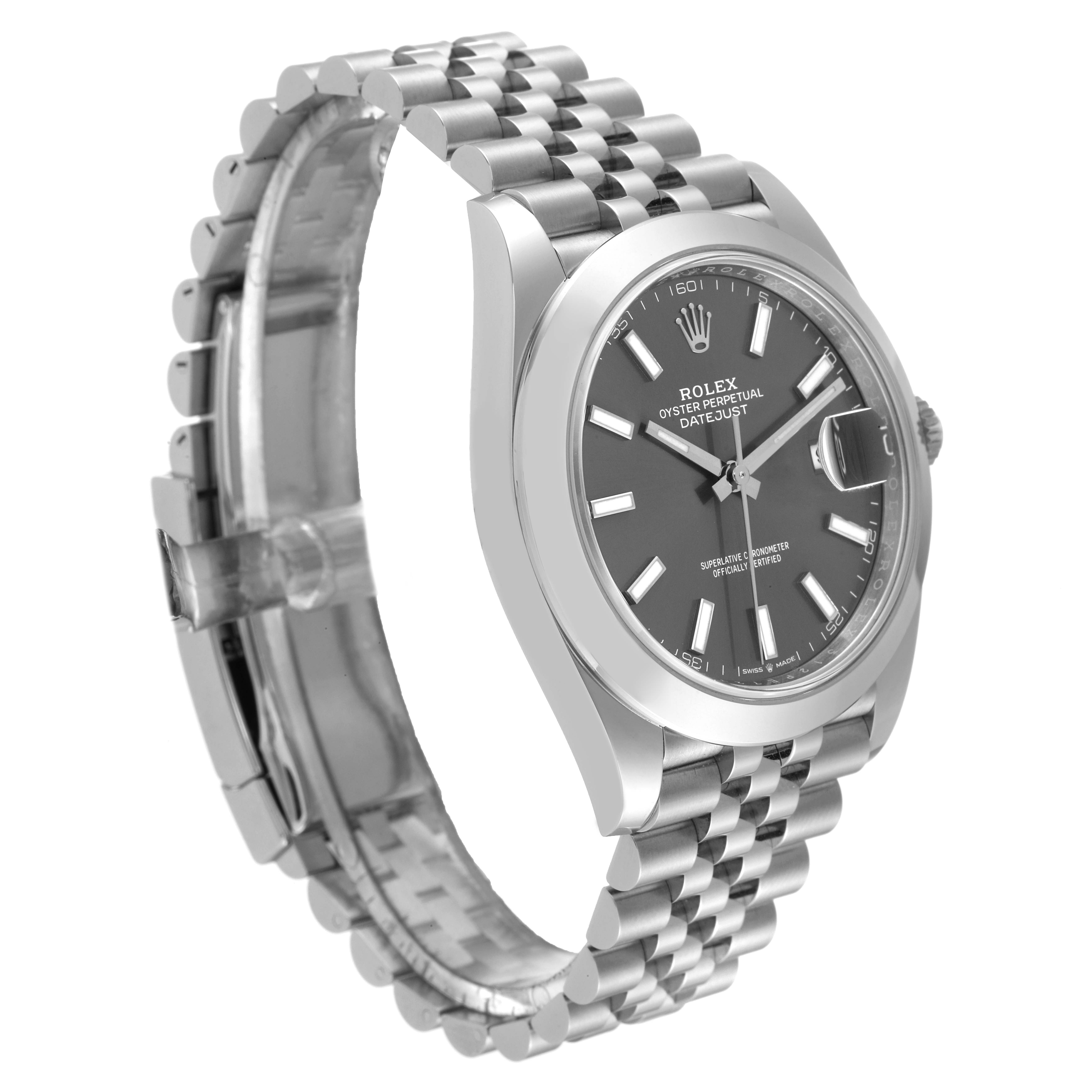 The Rolex Datejust 41 126300 Men's Stainless Steel Grey Dial 126300 Men's Stainless Steel Grey Dial model is shown in a front-side angle, highlighting the watch face, bezel, and bracelet.