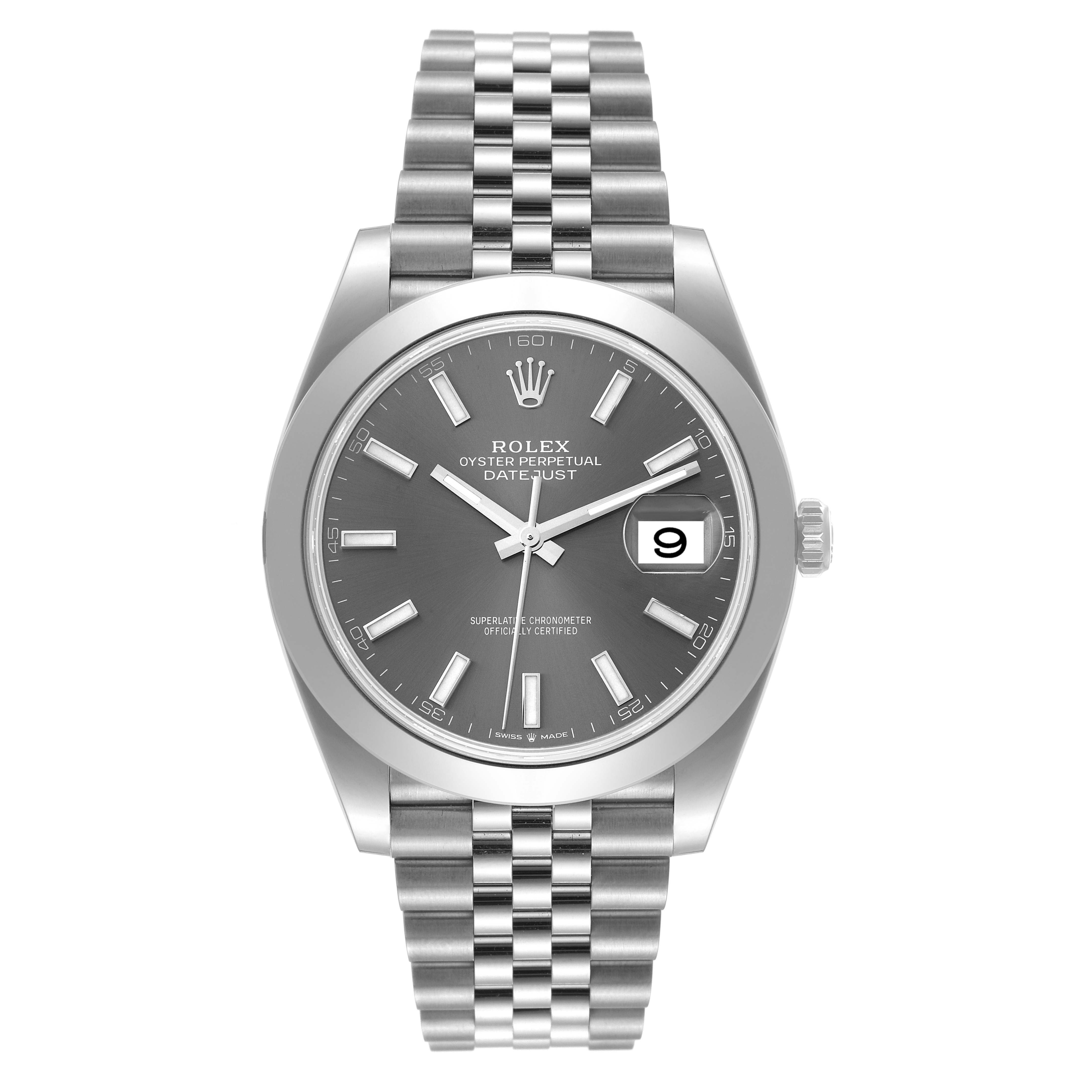 The image shows a Rolex Datejust 41 126300 Men's Stainless Steel Grey Dial 126300 Men's Stainless Steel Grey Dial watch from a top view, displaying its dial, bezel, crown, and bracelet.