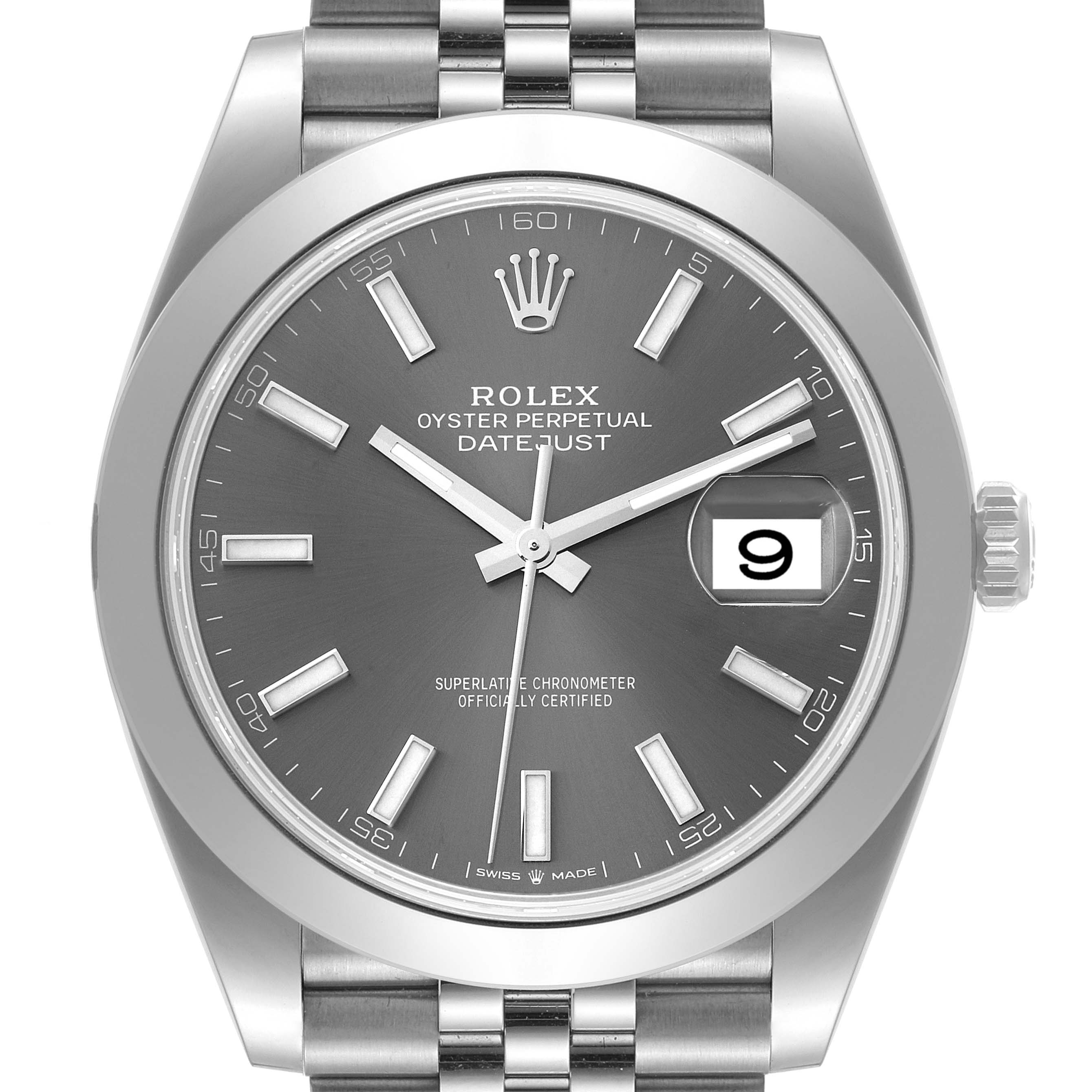 The Rolex Datejust 41 126300 Men's Stainless Steel Grey Dial 126300 Men's Stainless Steel Grey Dial watch is shown from a front angle, displaying the dial, bezel, crown, and part of the bracelet.