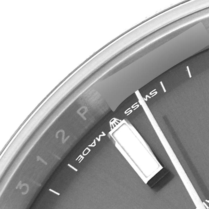 This image shows a close-up view of the dial and date window of the Rolex Datejust 41 126300 Men's Stainless Steel Grey Dial 126300 Men's Stainless Steel Grey Dial watch.