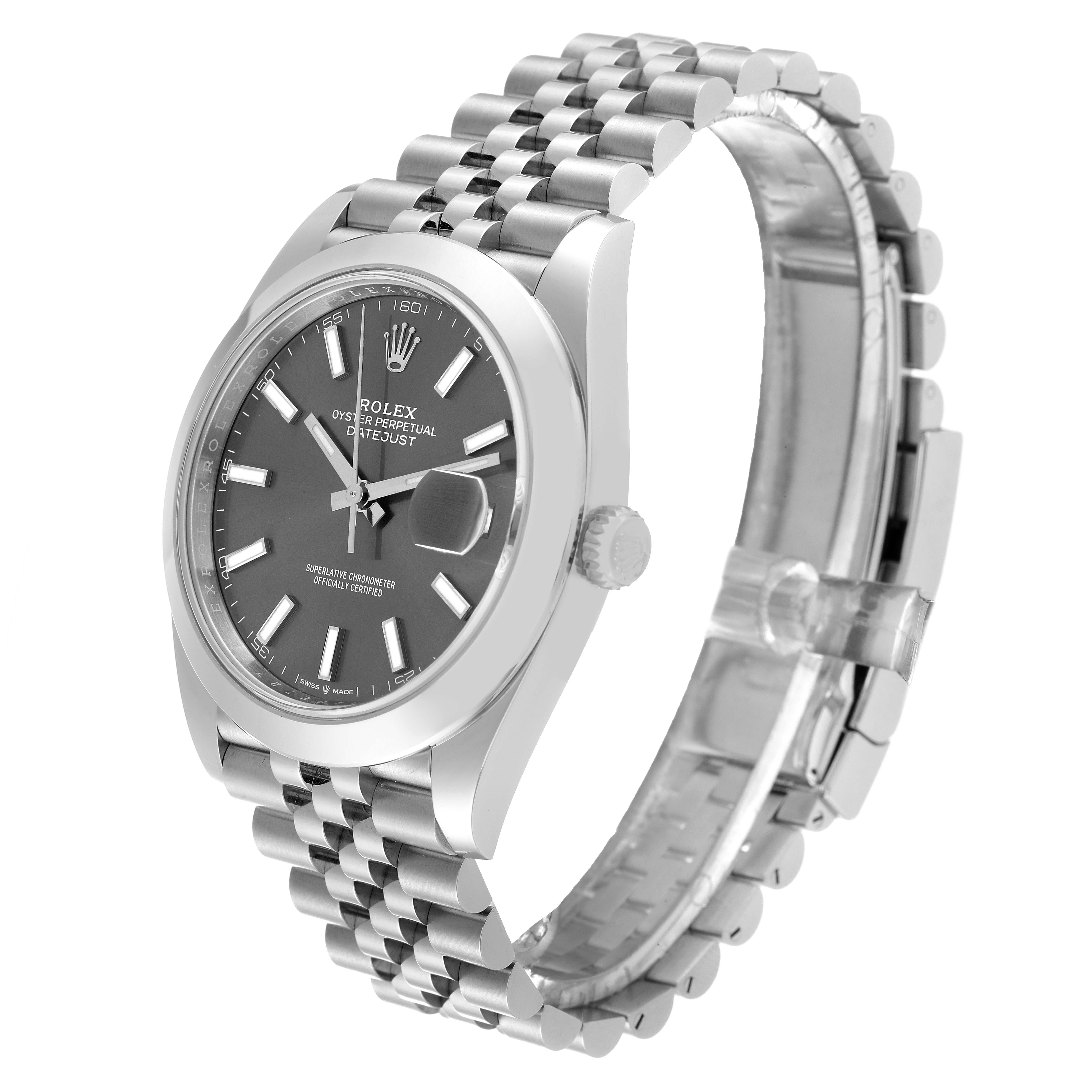 This image shows a Rolex Datejust 41 126300 Men's Stainless Steel Grey Dial 126300 Men's Stainless Steel Grey Dial watch from a three-quarter angle, displaying the dial, crown, and part of the bracelet.