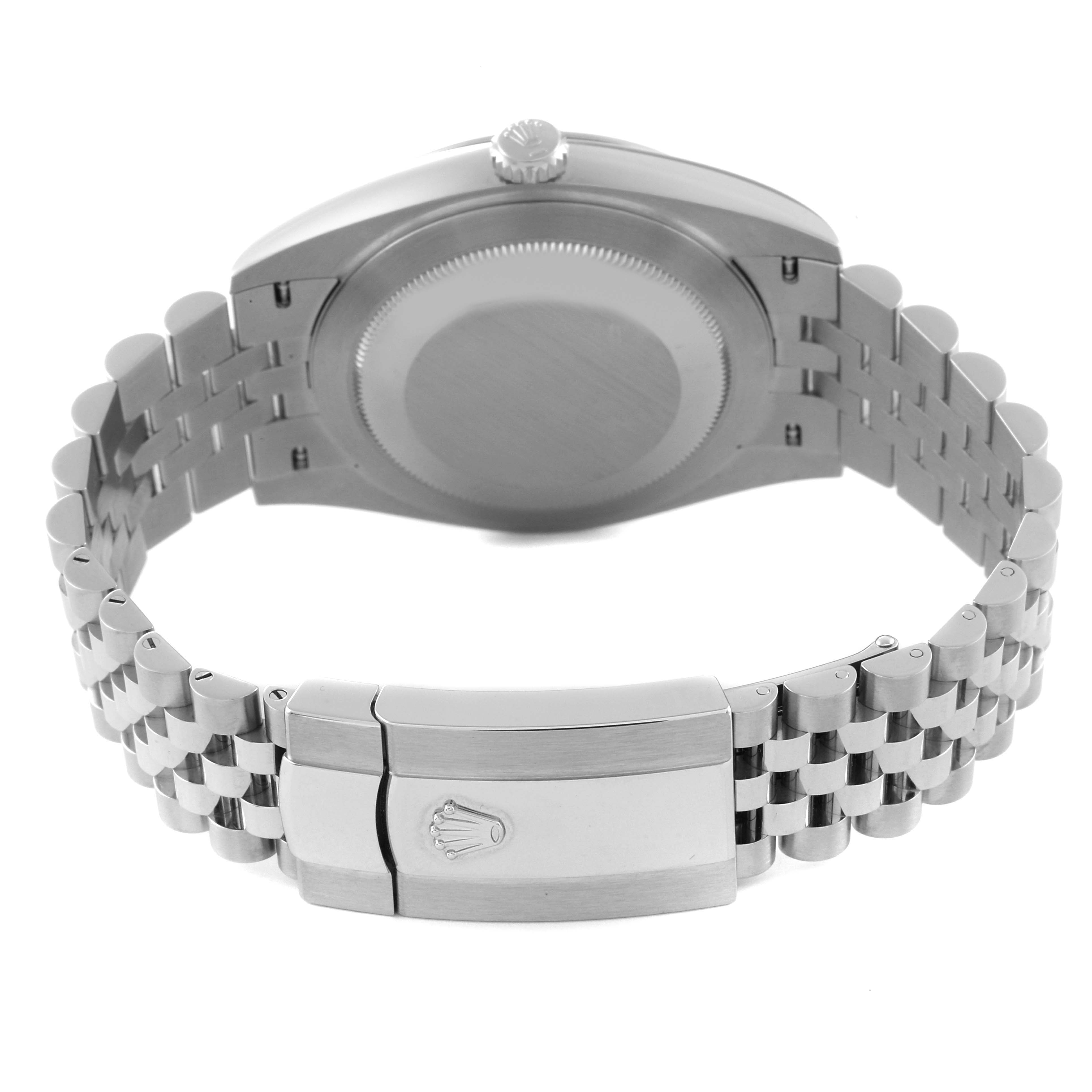 The image displays the back case, crown, and clasp of a Rolex Datejust 41 126300 Men's Stainless Steel Grey Dial 126300 Men's Stainless Steel Grey Dial watch at a rear angle.