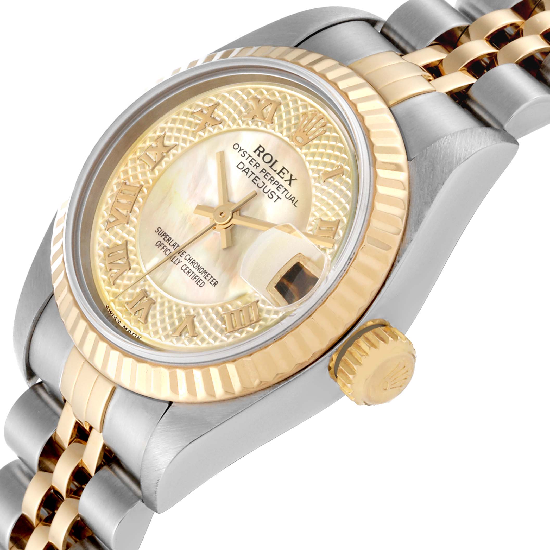 The image shows an angled view of a Rolex Datejust 79173 Women's Steel and Gold (two tone) Mother of Pearl Dial 79173 Women's Steel and Gold (two tone) Mother of Pearl Dial, highlighting the dial, bezel, crown, and bracelet.