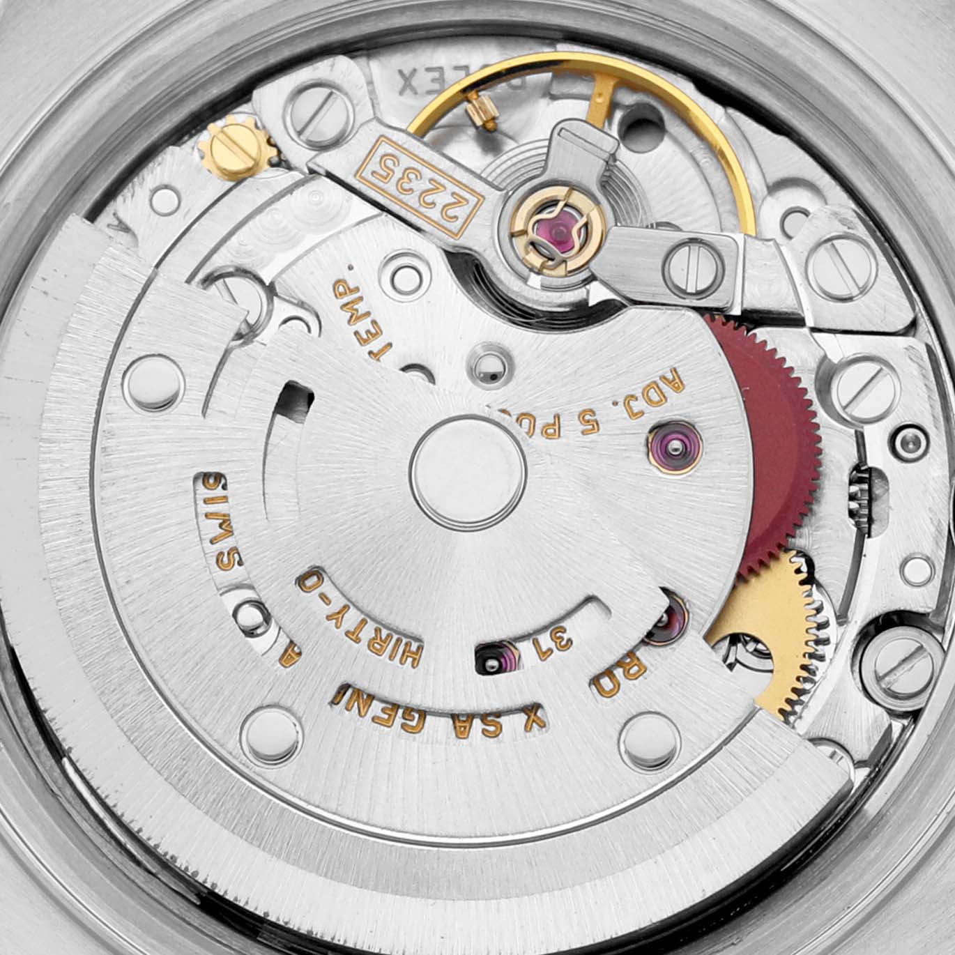 The image shows the internal mechanism of a Rolex Datejust 79173 Women's Steel and Gold (two tone) Mother of Pearl Dial 79173 Women's Steel and Gold (two tone) Mother of Pearl Dial watch, focusing on the movement parts from a top-down angle.