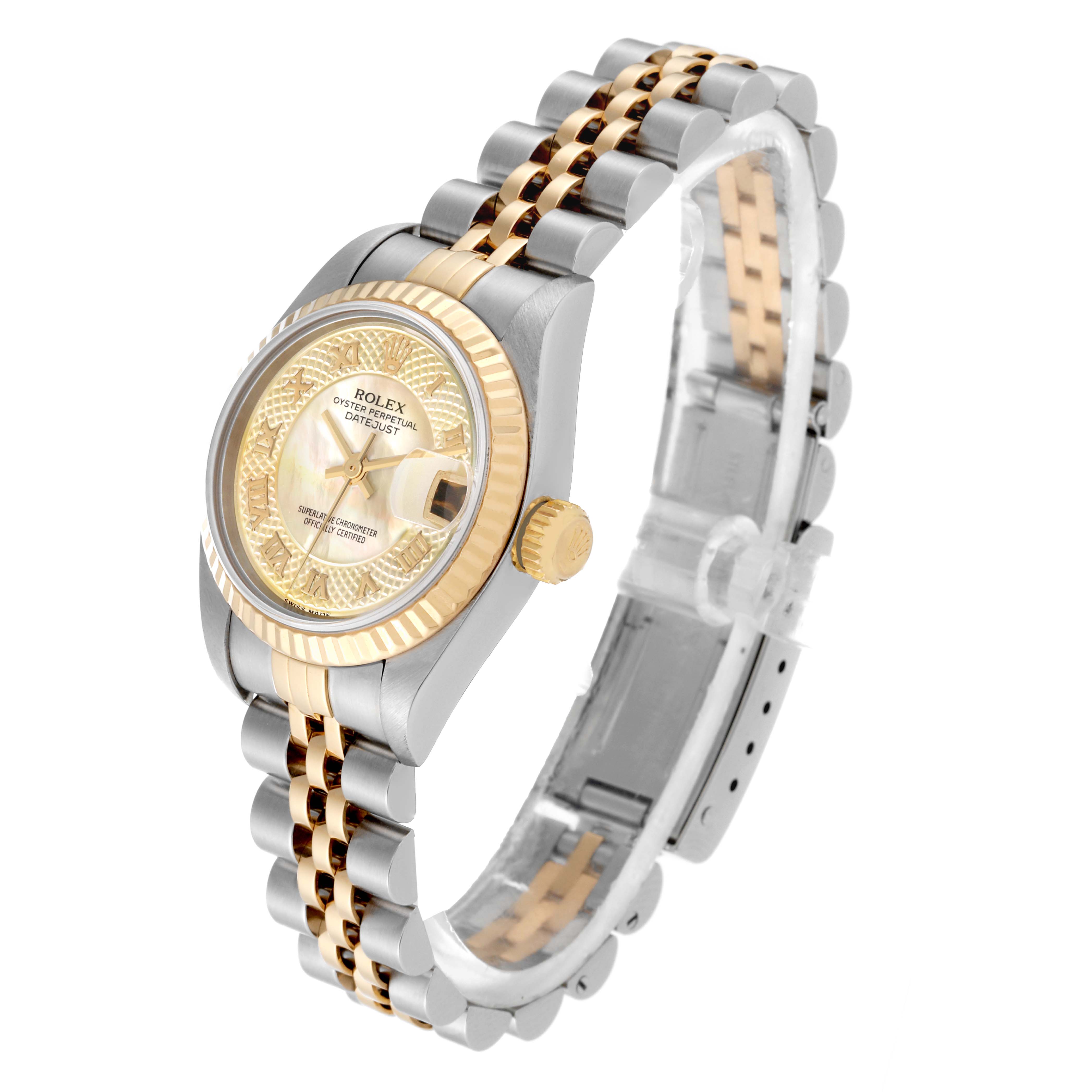 The Rolex Datejust 79173 Women's Steel and Gold (two tone) Mother of Pearl Dial 79173 Women's Steel and Gold (two tone) Mother of Pearl Dial watch is shown at a three-quarter angle, highlighting the gold bezel, face, crown, and two-tone bracelet.
