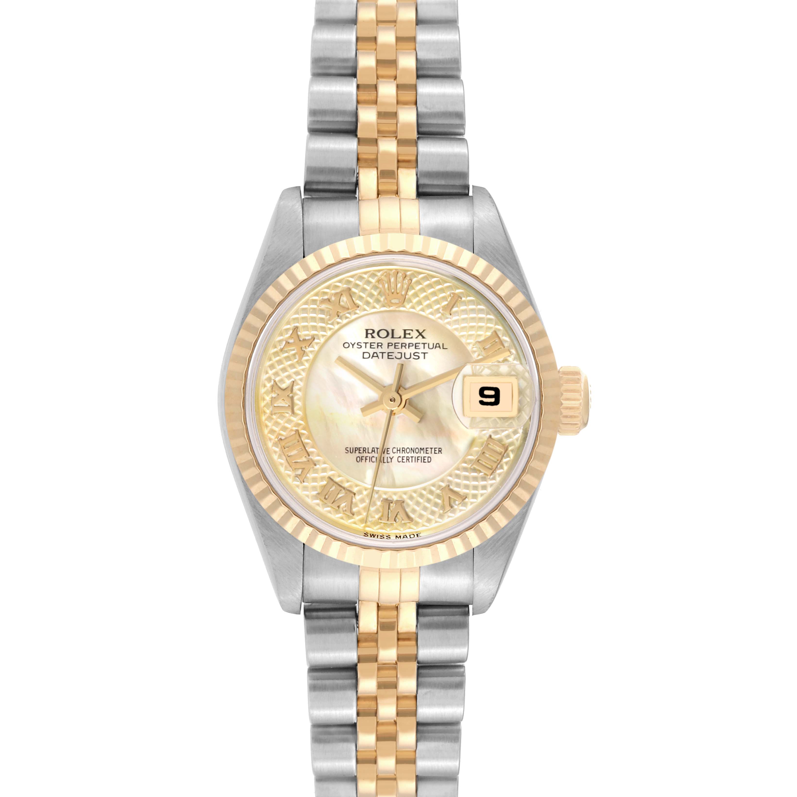 The image shows a frontal view of a Rolex Datejust 79173 Women's Steel and Gold (two tone) Mother of Pearl Dial 79173 Women's Steel and Gold (two tone) Mother of Pearl Dial watch highlighting the face, bezel, bracelet, and date window.