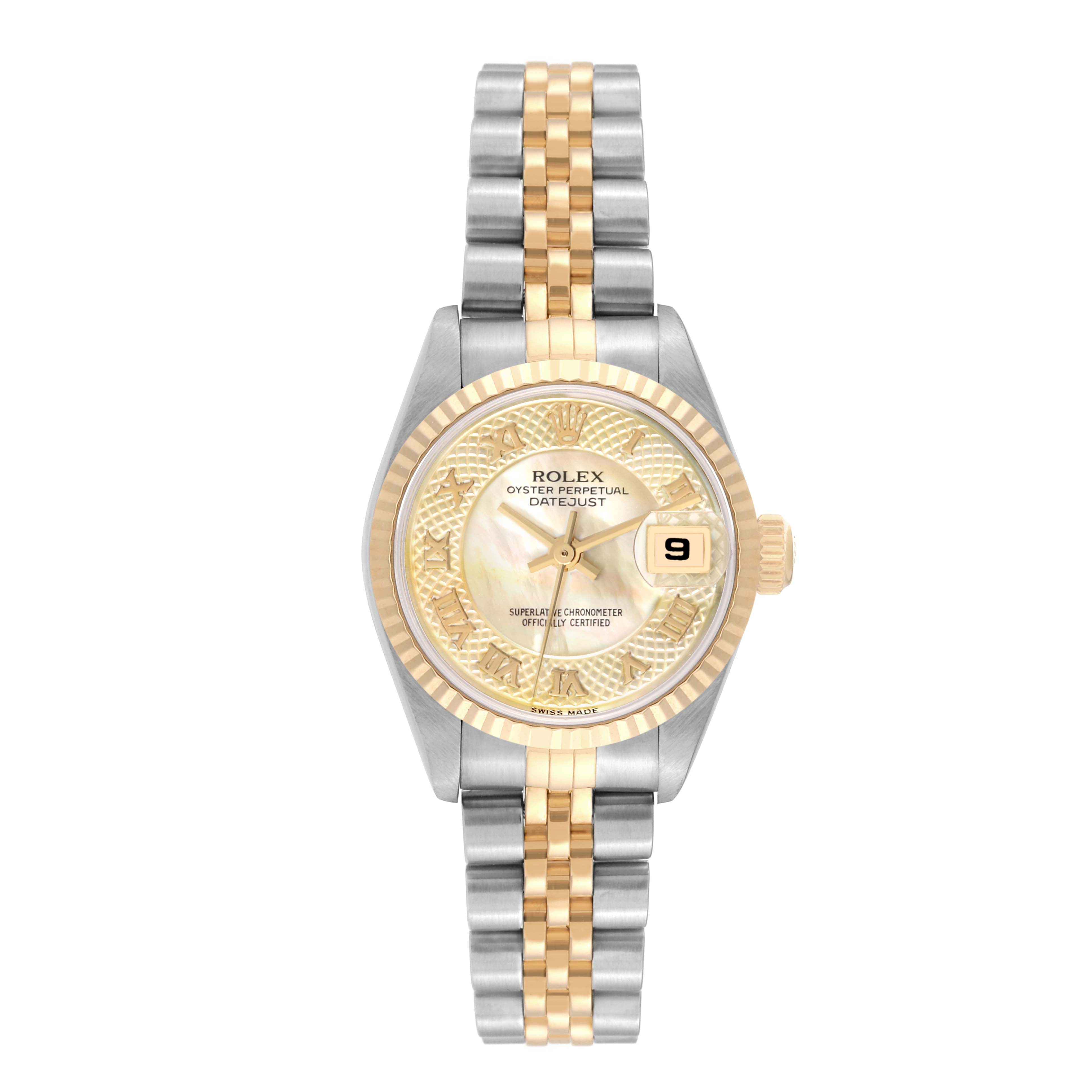 This Rolex Datejust 79173 Women's Steel and Gold (two tone) Mother of Pearl Dial 79173 Women's Steel and Gold (two tone) Mother of Pearl Dial watch is shown from a front angle, displaying the face, bezel, and bracelet.