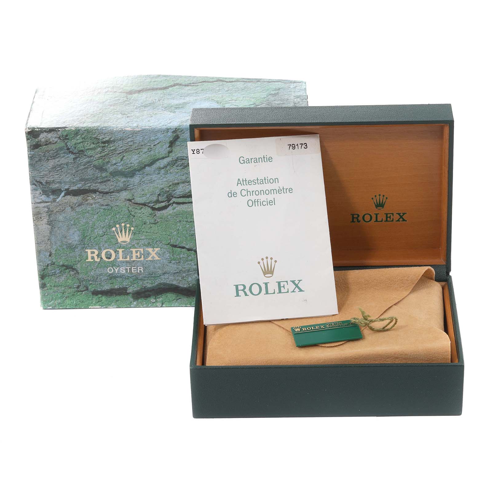The image shows the packaging and warranty card for a Rolex Datejust 79173 Women's Steel and Gold (two tone) Mother of Pearl Dial 79173 Women's Steel and Gold (two tone) Mother of Pearl Dial model, including the outer box and inner wood-finish box.