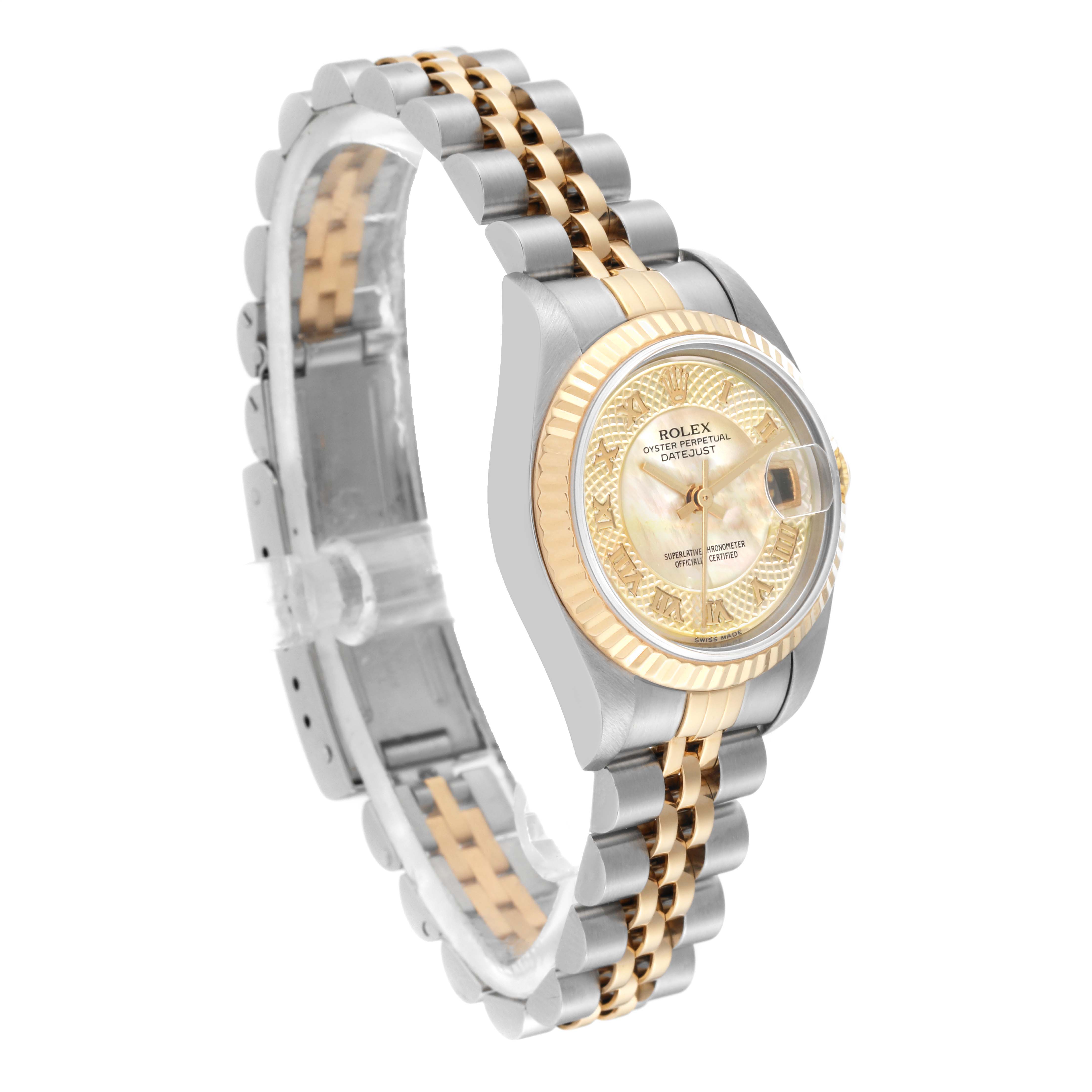 The image shows a side angle of a Rolex Datejust 79173 Women's Steel and Gold (two tone) Mother of Pearl Dial 79173 Women's Steel and Gold (two tone) Mother of Pearl Dial watch, highlighting the two-tone bracelet and bezel, and part of the dial.