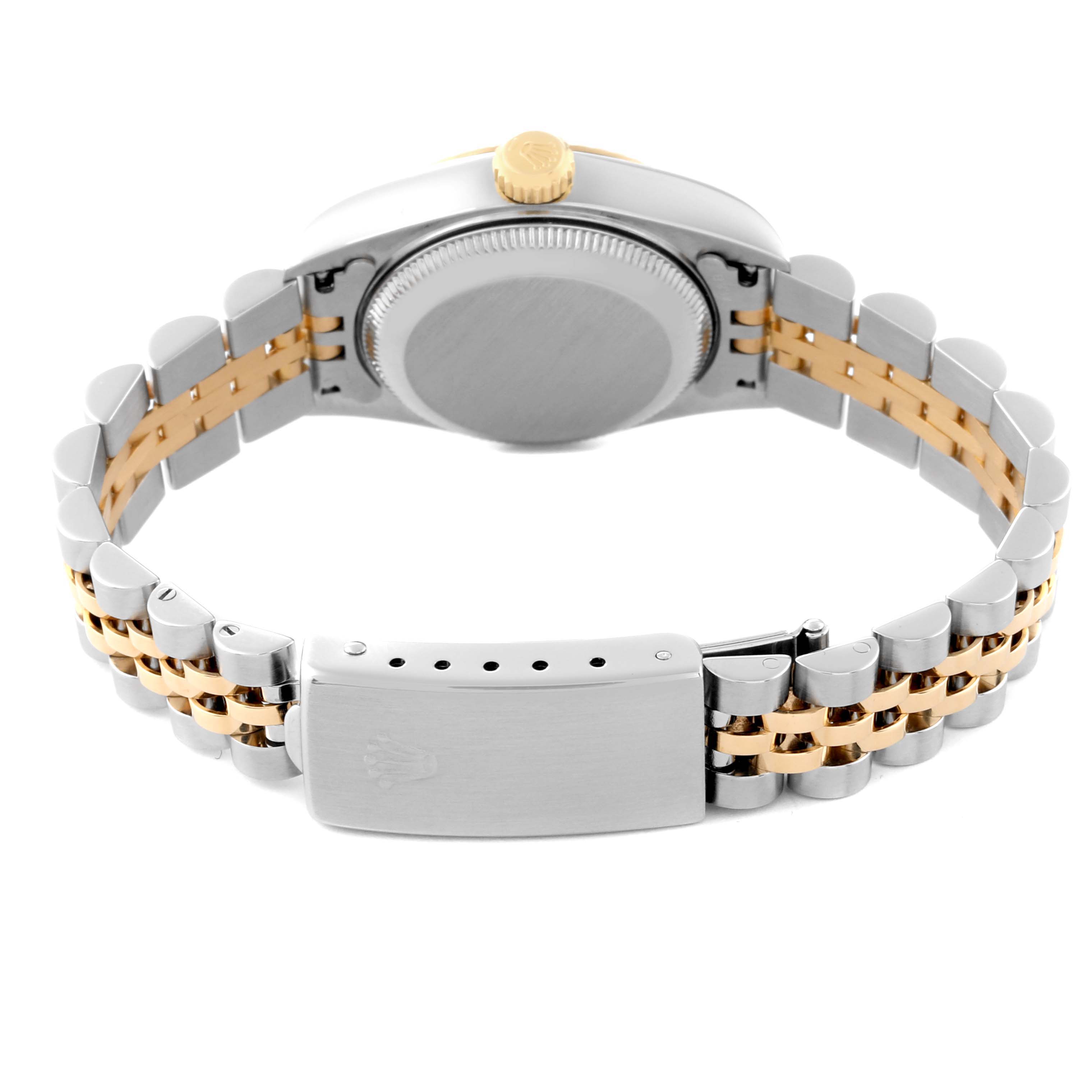 This image shows the back case and jubilee bracelet of a Rolex Datejust 79173 Women's Steel and Gold (two tone) Mother of Pearl Dial 79173 Women's Steel and Gold (two tone) Mother of Pearl Dial watch, viewed from the rear angle.