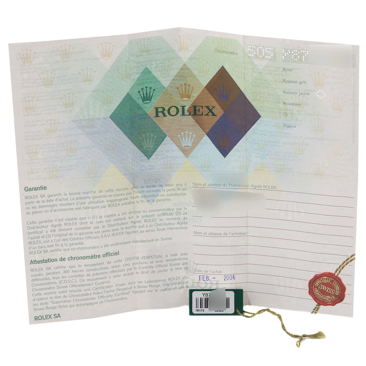 The image shows the warranty certificate and official chronometer certification for a Rolex Datejust 79173 Women's Steel and Gold (two tone) Mother of Pearl Dial 79173 Women's Steel and Gold (two tone) Mother of Pearl Dial watch with an attached tag.