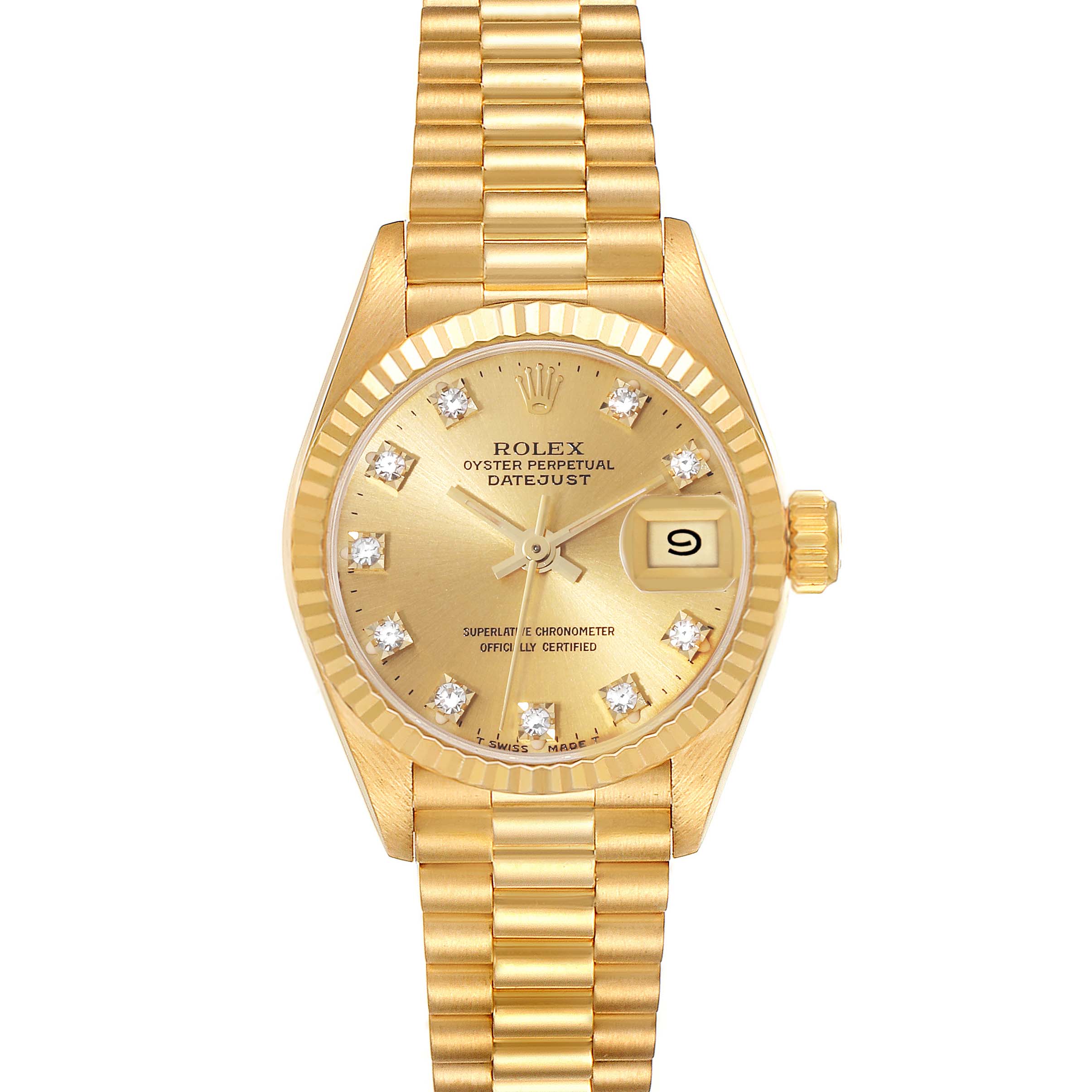 This image shows a Rolex President 69178 Women
s Yellow Gold Champagne Dial 69178 Women
s Yellow Gold Champagne Dial model watch from the front, displaying the dial, hour markers, hands, and bracelet.