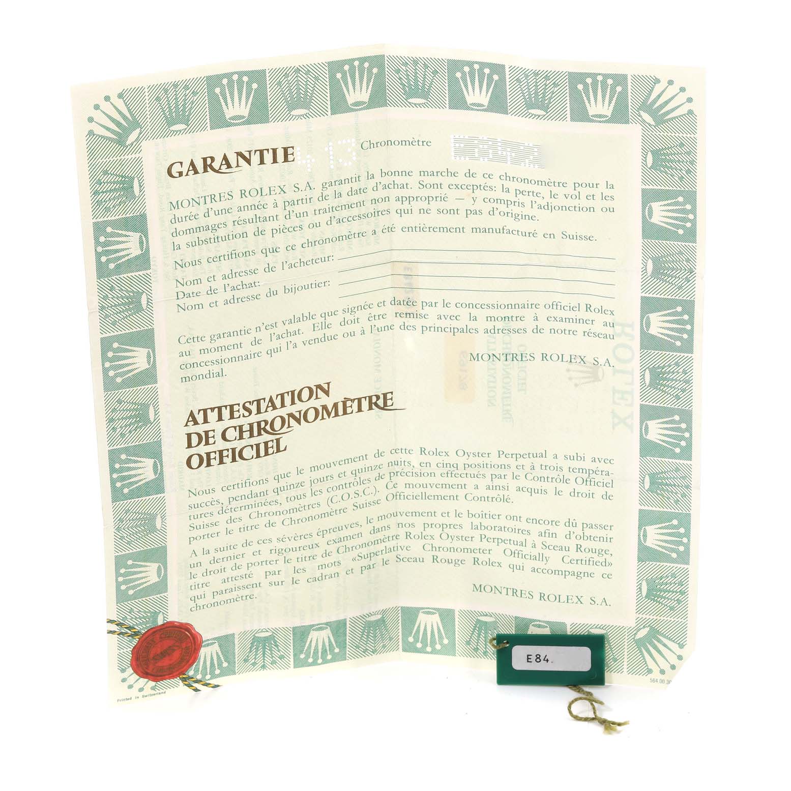 This image shows the warranty and chronometer certification for a Rolex President 69178 Women
s Yellow Gold Champagne Dial 69178 Women
s Yellow Gold Champagne Dial model.