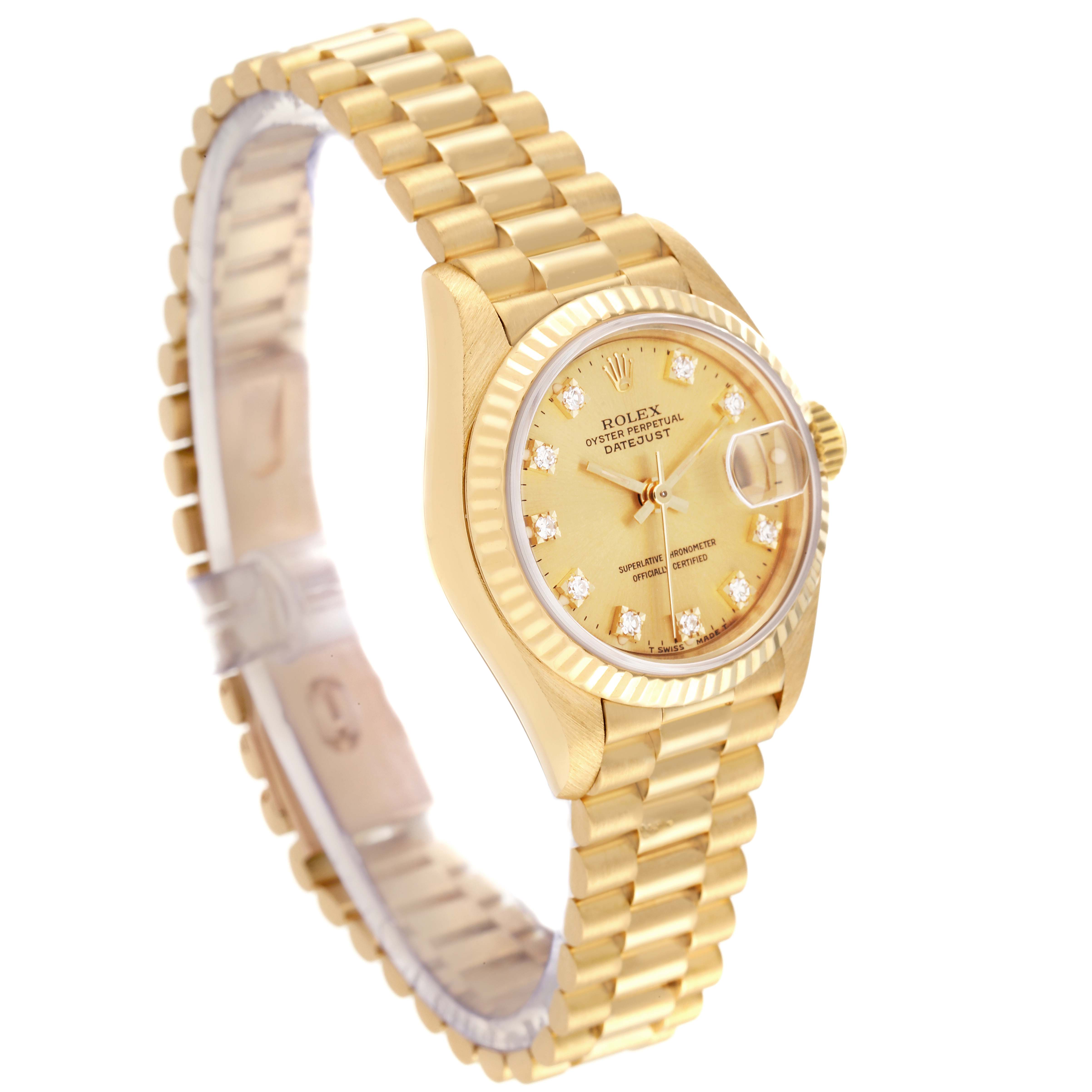 The image shows a Rolex President 69178 Women
s Yellow Gold Champagne Dial 69178 Women
s Yellow Gold Champagne Dial model watch at an angled side view, highlighting the band, bezel, and dial with date function.