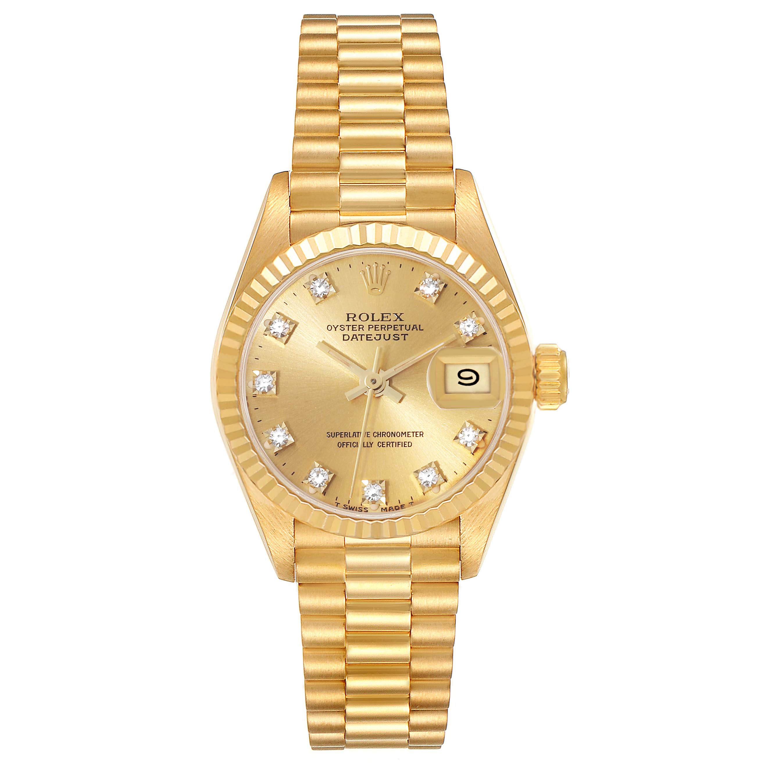 The image shows a full frontal view of a Rolex President 69178 Women
s Yellow Gold Champagne Dial 69178 Women
s Yellow Gold Champagne Dial model watch with a gold dial, date display, and diamond hour markers.
