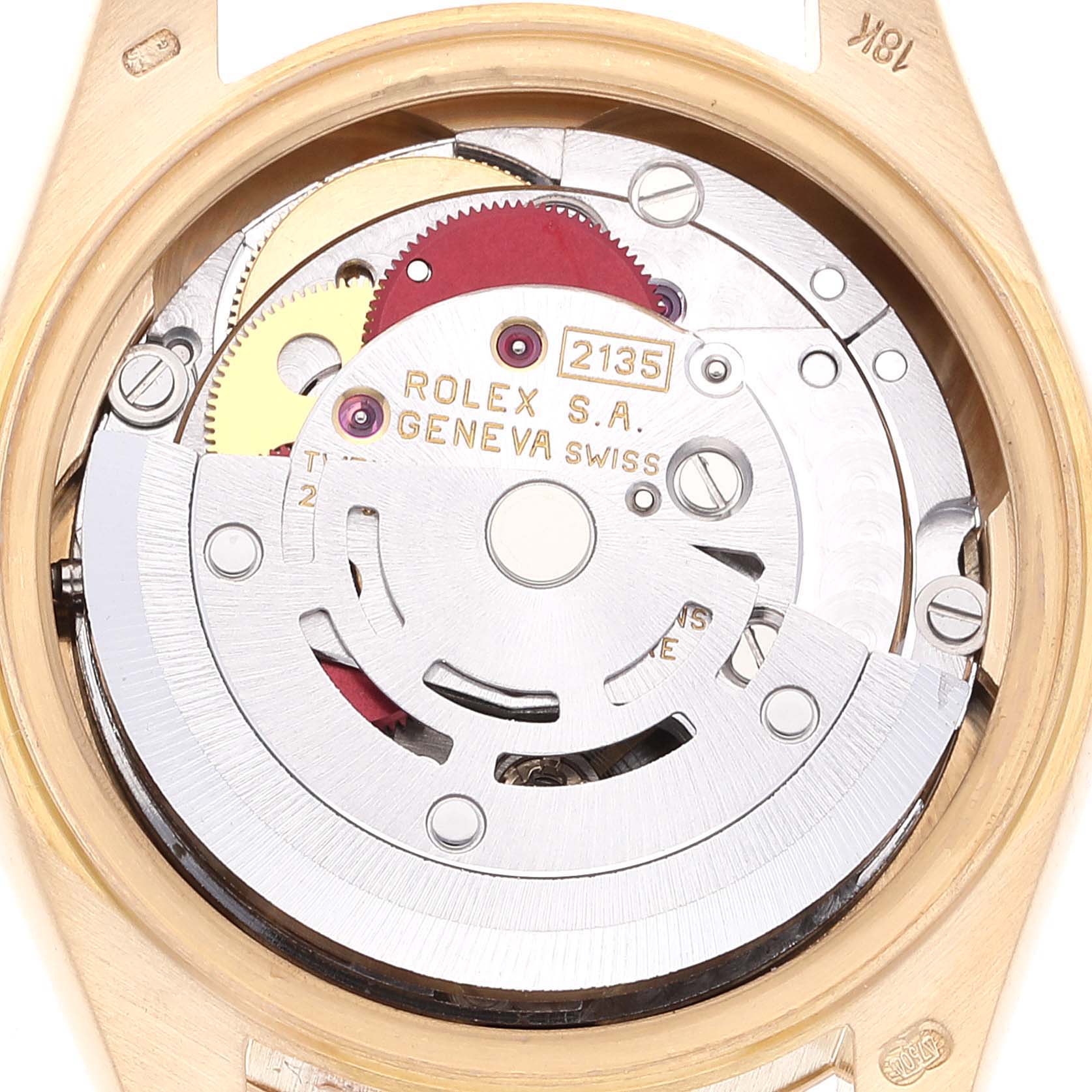 This is a close-up view of the Rolex President 69178 Women
s Yellow Gold Champagne Dial 69178 Women
s Yellow Gold Champagne Dial model
s internal mechanism, showing gears and markings.