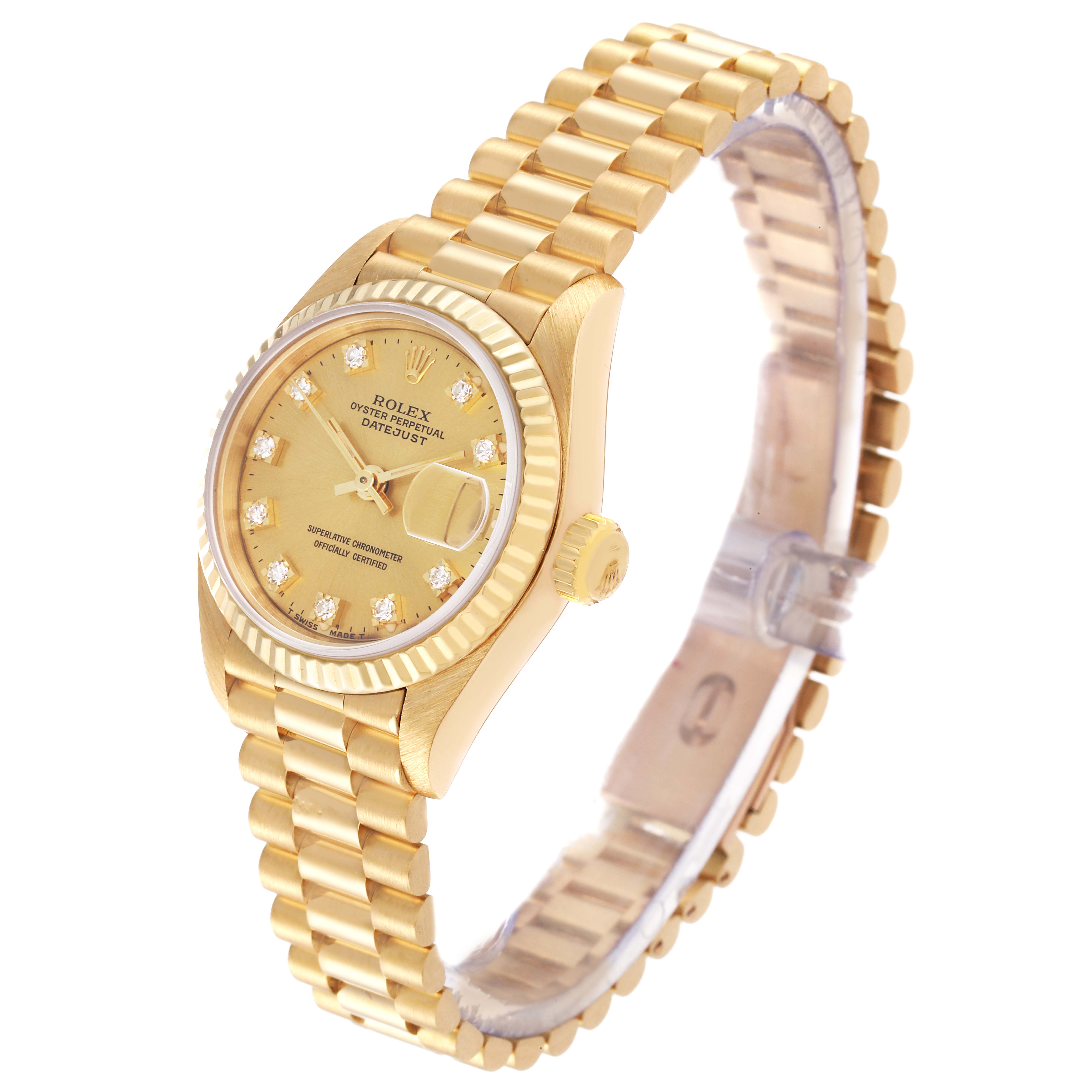 The Rolex President 69178 Women
s Yellow Gold Champagne Dial 69178 Women
s Yellow Gold Champagne Dial model watch is shown at a slight angle, highlighting the dial, bezel, crown, and bracelet.