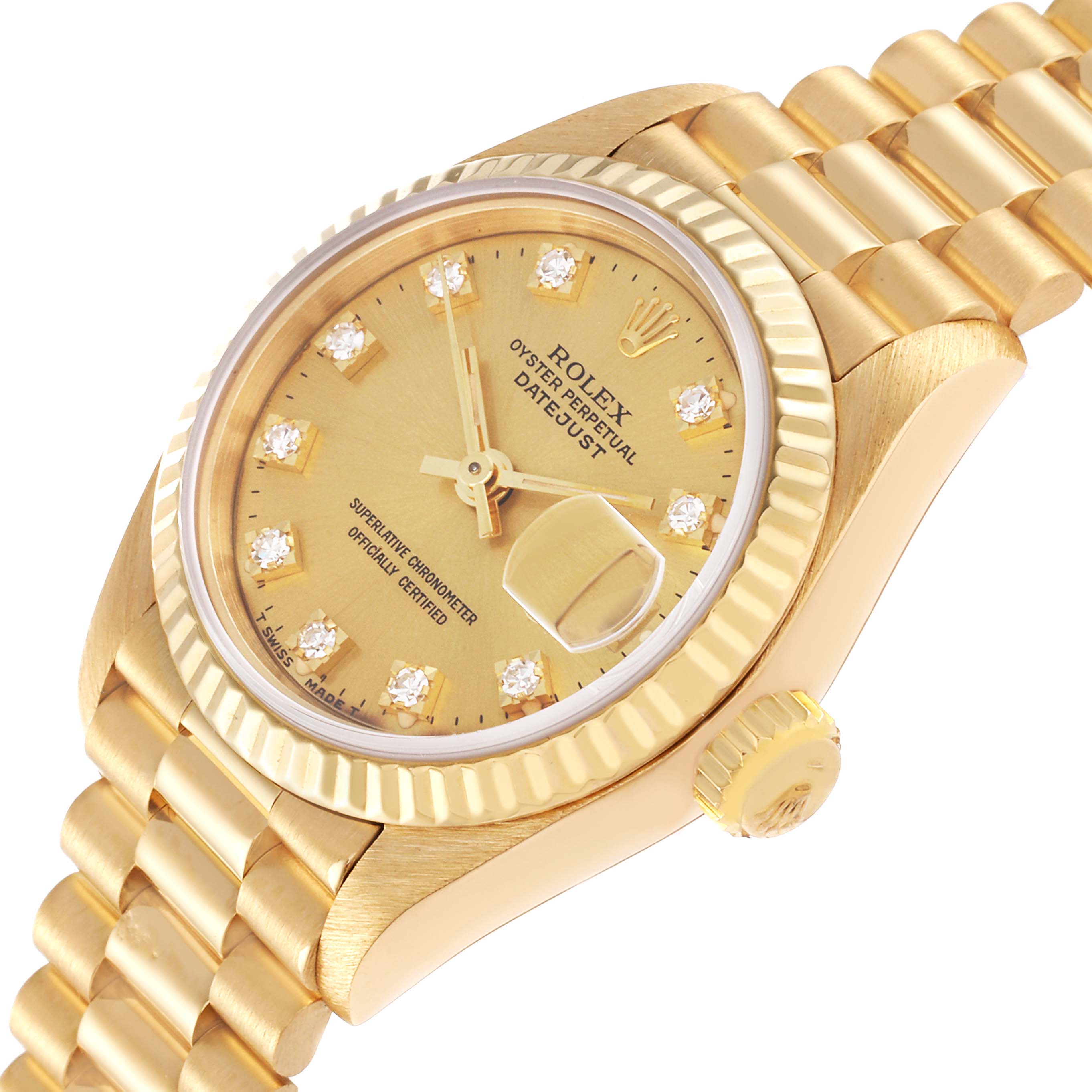 The image shows a Rolex President 69178 Women
s Yellow Gold Champagne Dial 69178 Women
s Yellow Gold Champagne Dial model watch at an angled view, displaying the dial, bezel, crown, and part of the bracelet.