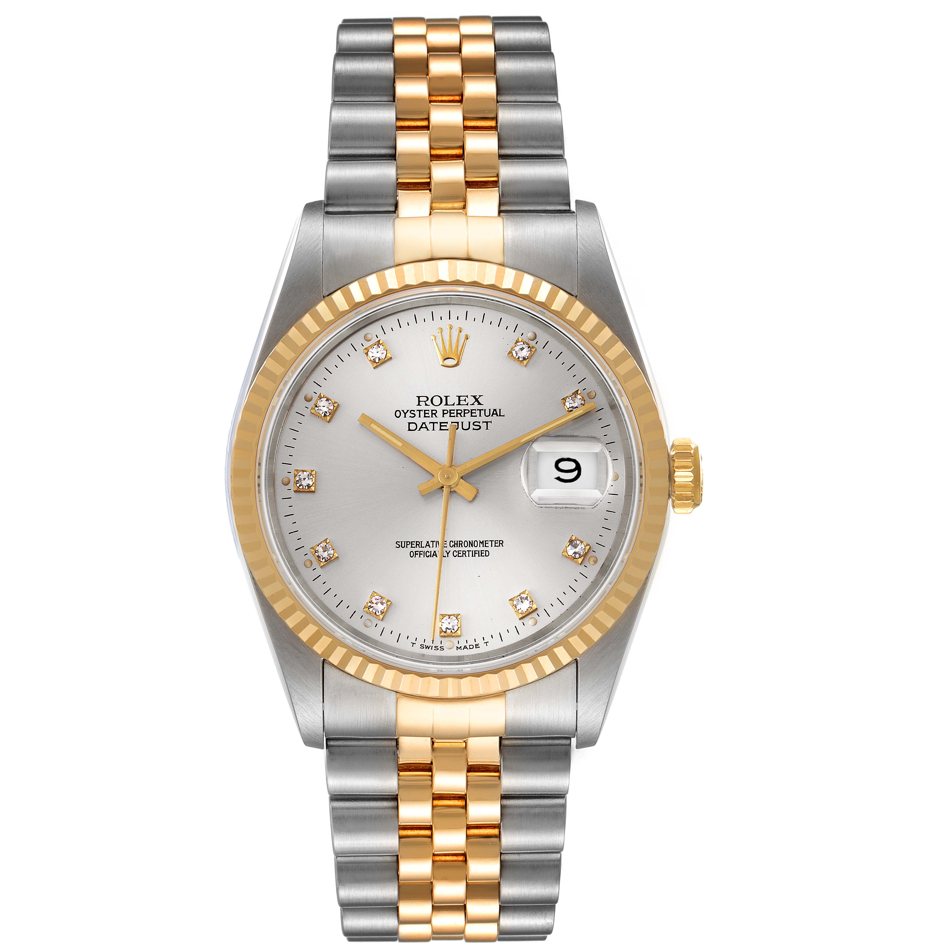 The image shows a front view of a Rolex Datejust 16233 Men's Steel and Gold (two tone) Silver Dial 16233 Men's Steel and Gold (two tone) Silver Dial watch, highlighting its silver and gold bracelet, fluted bezel, and date window.