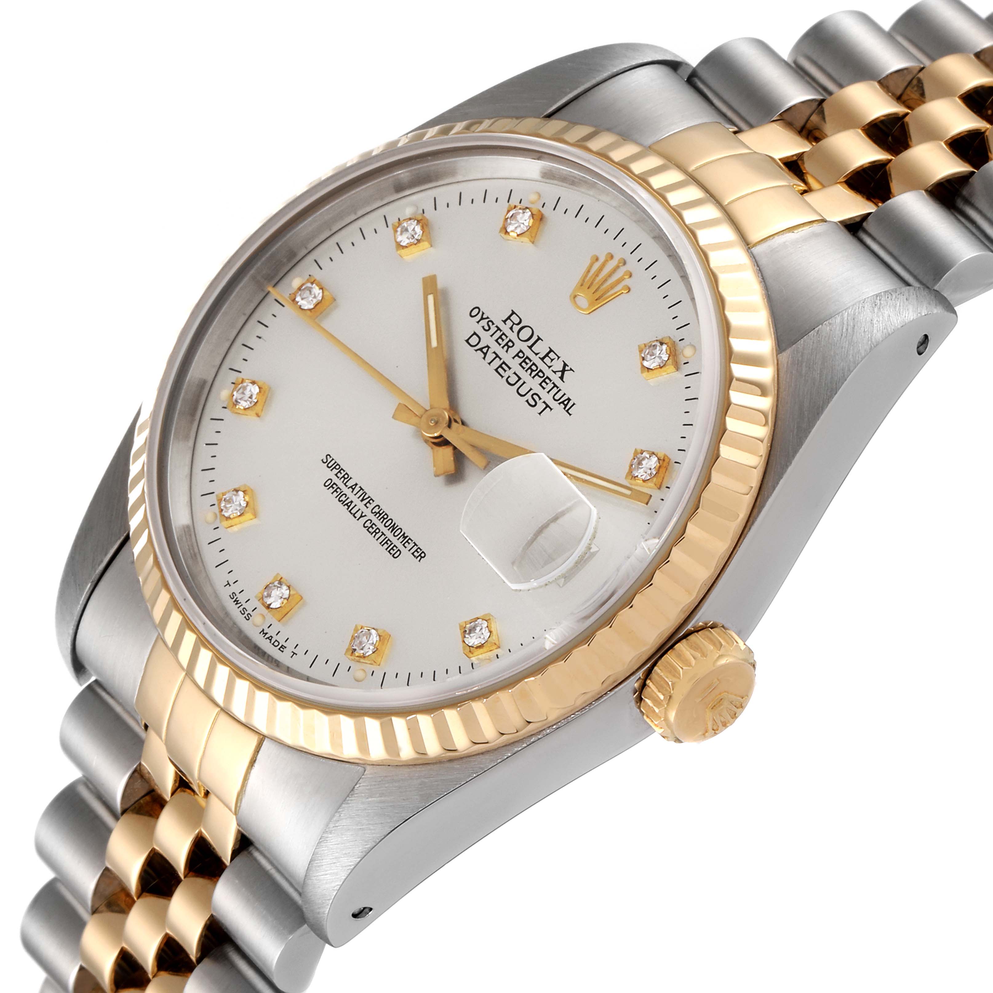 This image shows a Rolex Datejust 16233 Men's Steel and Gold (two tone) Silver Dial 16233 Men's Steel and Gold (two tone) Silver Dial model at an angle displaying the dial, crown, and part of the two-tone bracelet.