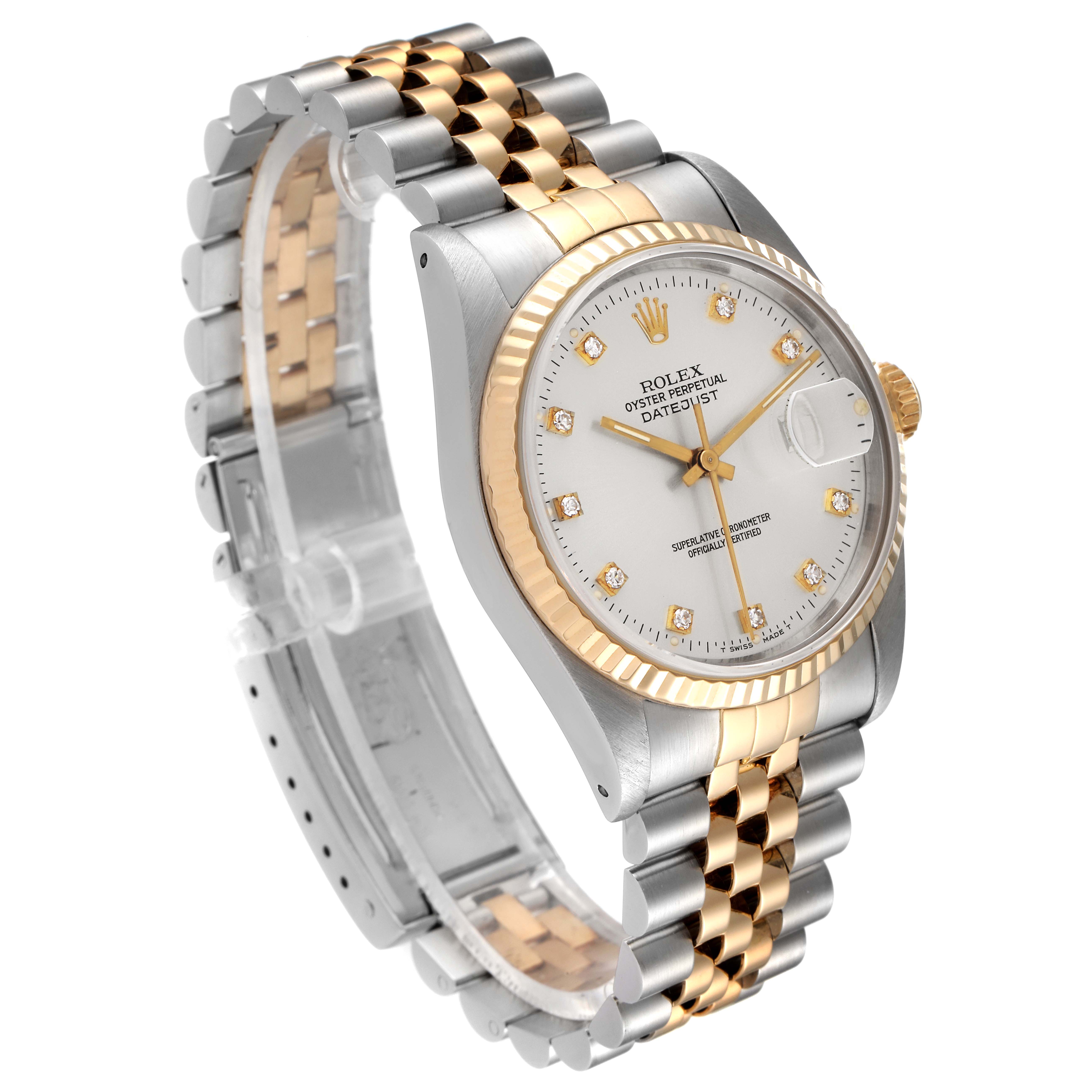 The Rolex Datejust 16233 Men's Steel and Gold (two tone) Silver Dial 16233 Men's Steel and Gold (two tone) Silver Dial watch is shown at a slight angle displaying the face, bezel, and two-tone jubilee bracelet.