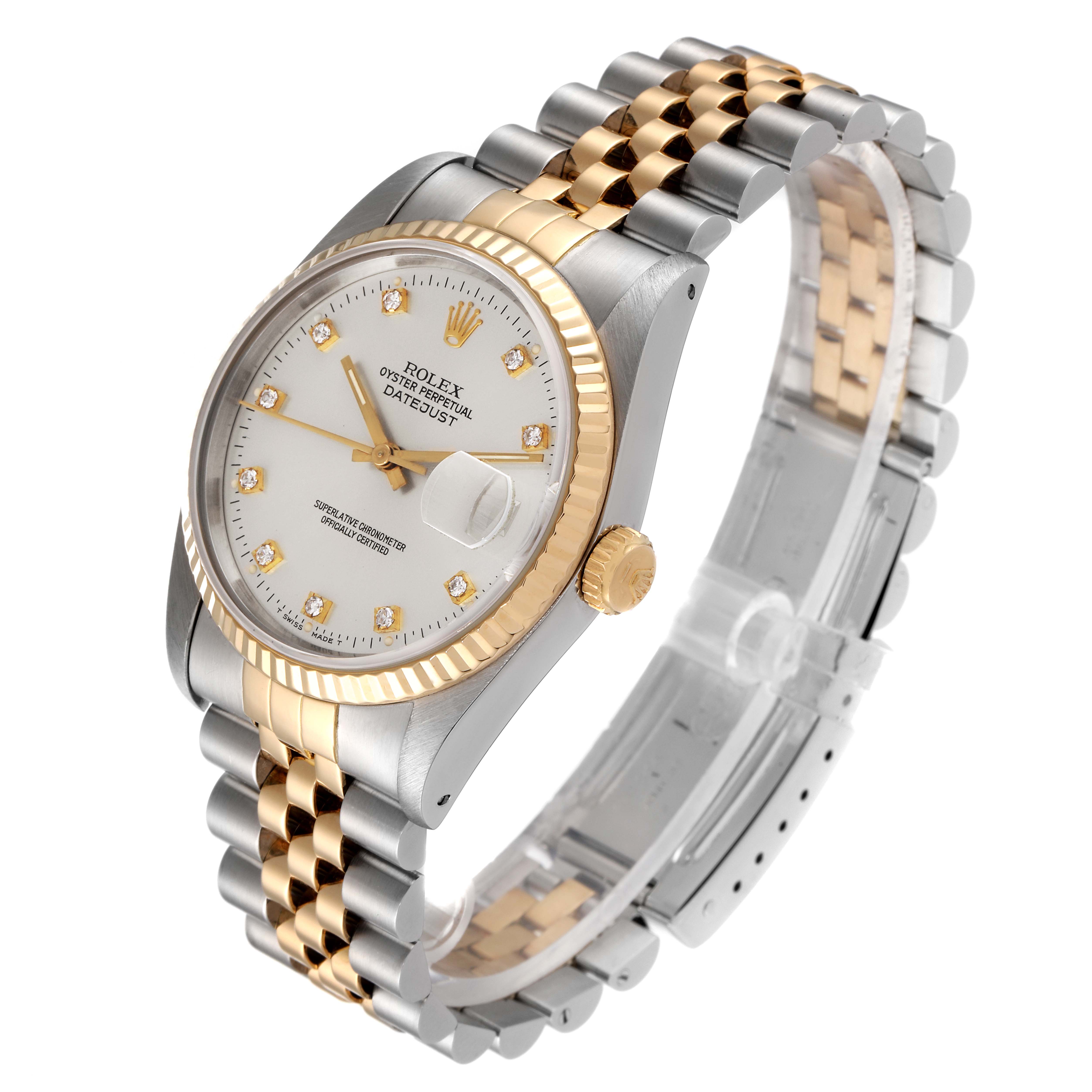 This image shows a Rolex Datejust 16233 Men's Steel and Gold (two tone) Silver Dial 16233 Men's Steel and Gold (two tone) Silver Dial model watch with a two-tone stainless steel and gold bracelet, viewed from an angled perspective.
