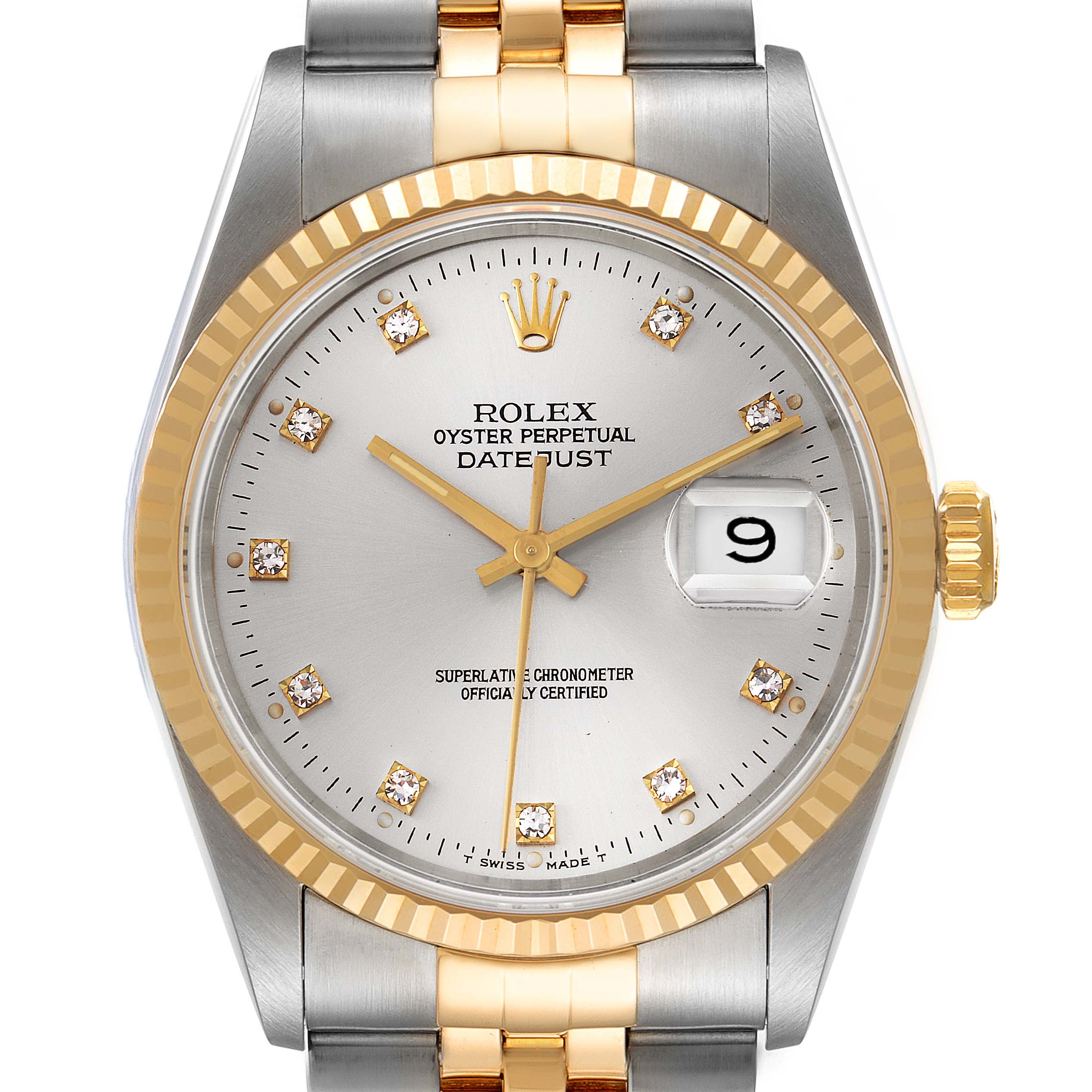 This image shows a frontal view of a Rolex Datejust 16233 Men's Steel and Gold (two tone) Silver Dial 16233 Men's Steel and Gold (two tone) Silver Dial model, highlighting the dial, bezel, and part of the bracelet.