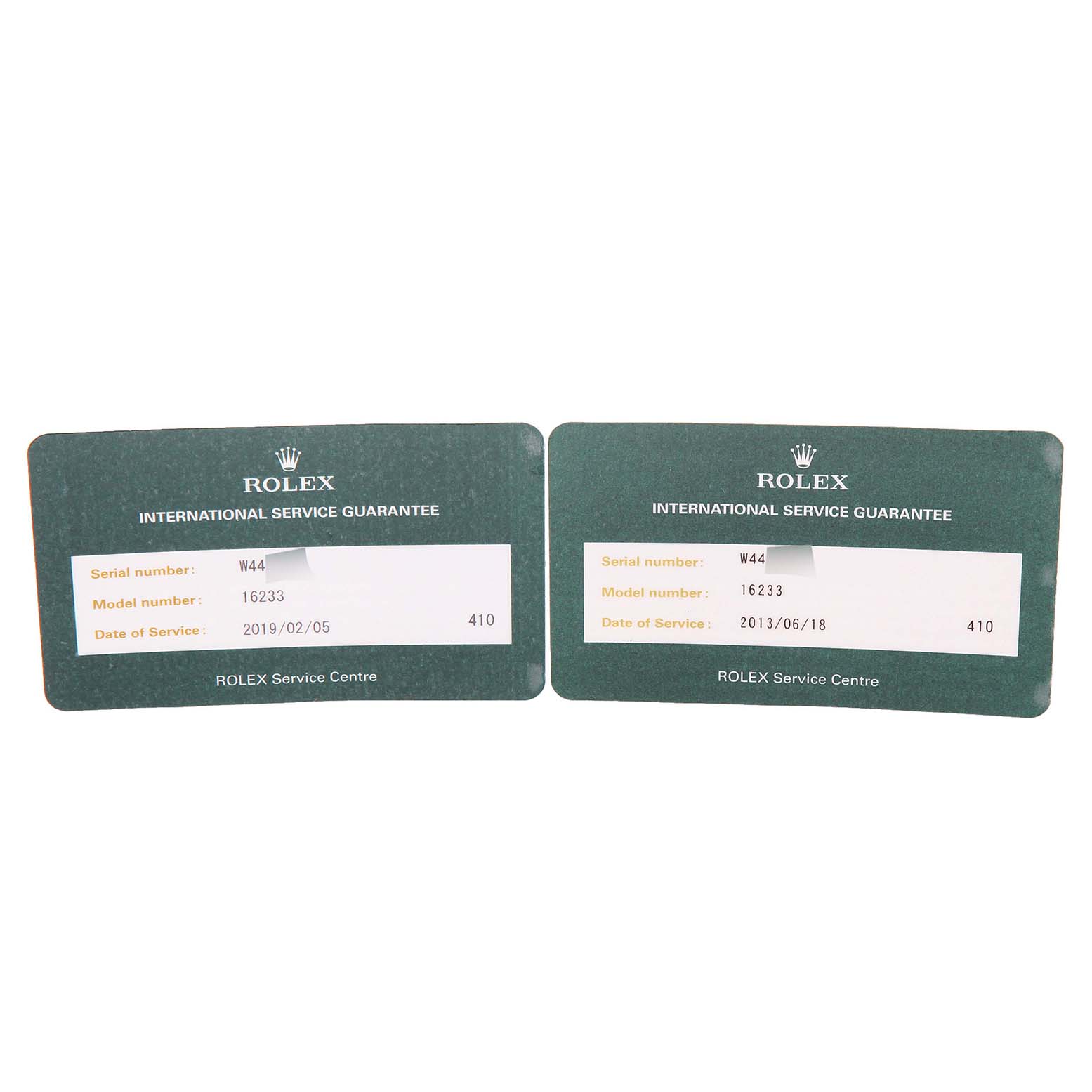 The image shows two Rolex International Service Guarantee cards for the Datejust model 16233.