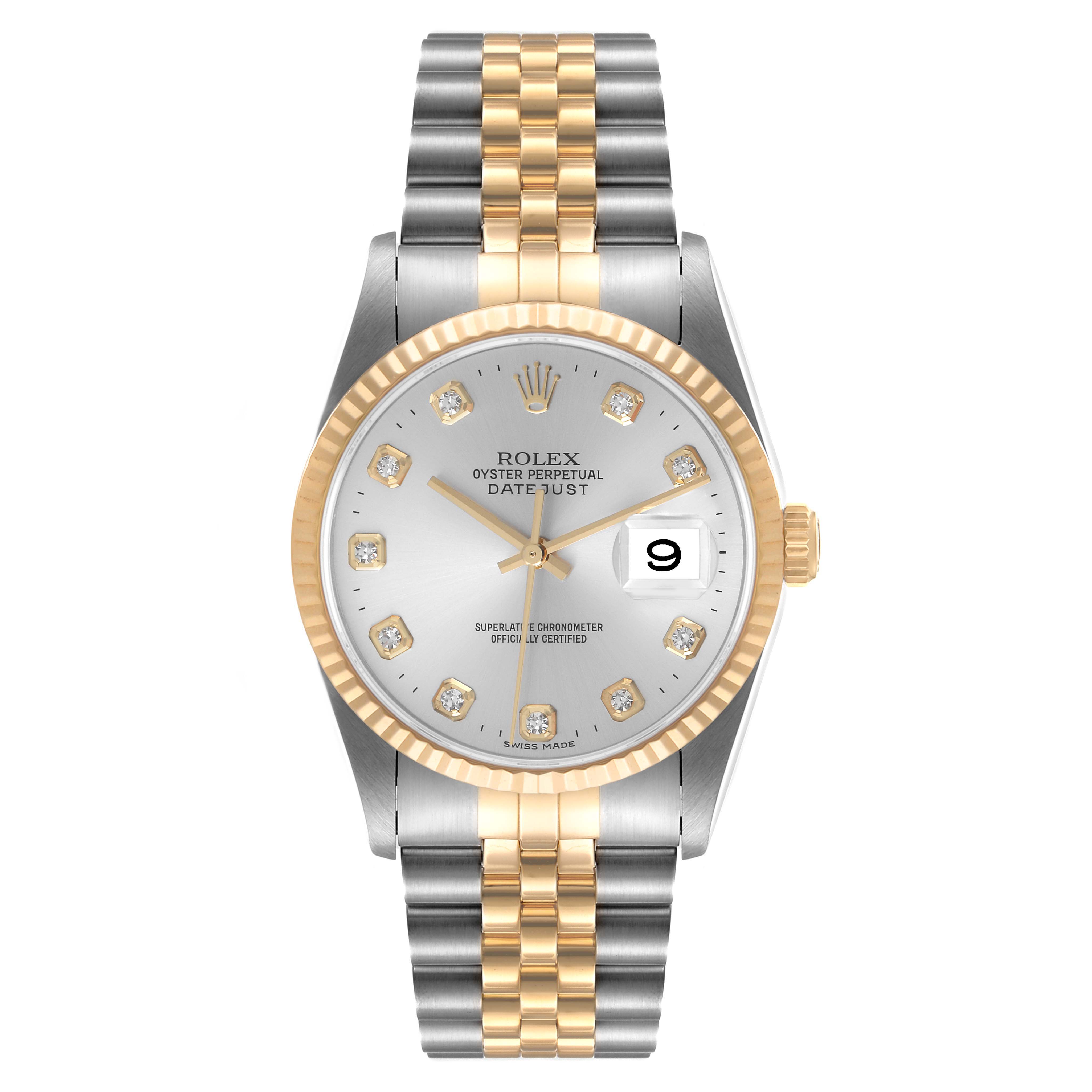 The Rolex Datejust 16233 Men's Steel and Gold (two tone) Silver Dial 16233 Men's Steel and Gold (two tone) Silver Dial watch is shown from a straight-on angle displaying the face, bezel, and bracelet.