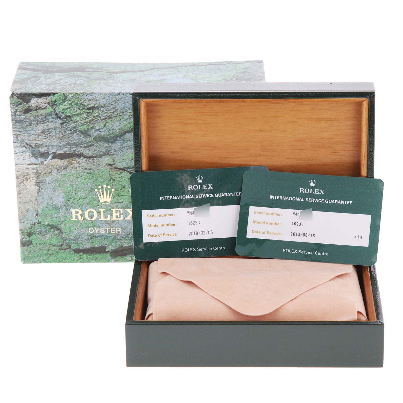 The image shows a Rolex Datejust 16233 Men's Steel and Gold (two tone) Silver Dial 16233 Men's Steel and Gold (two tone) Silver Dial model watch box, guarantee cards, and a pouch, displayed at a front angle.