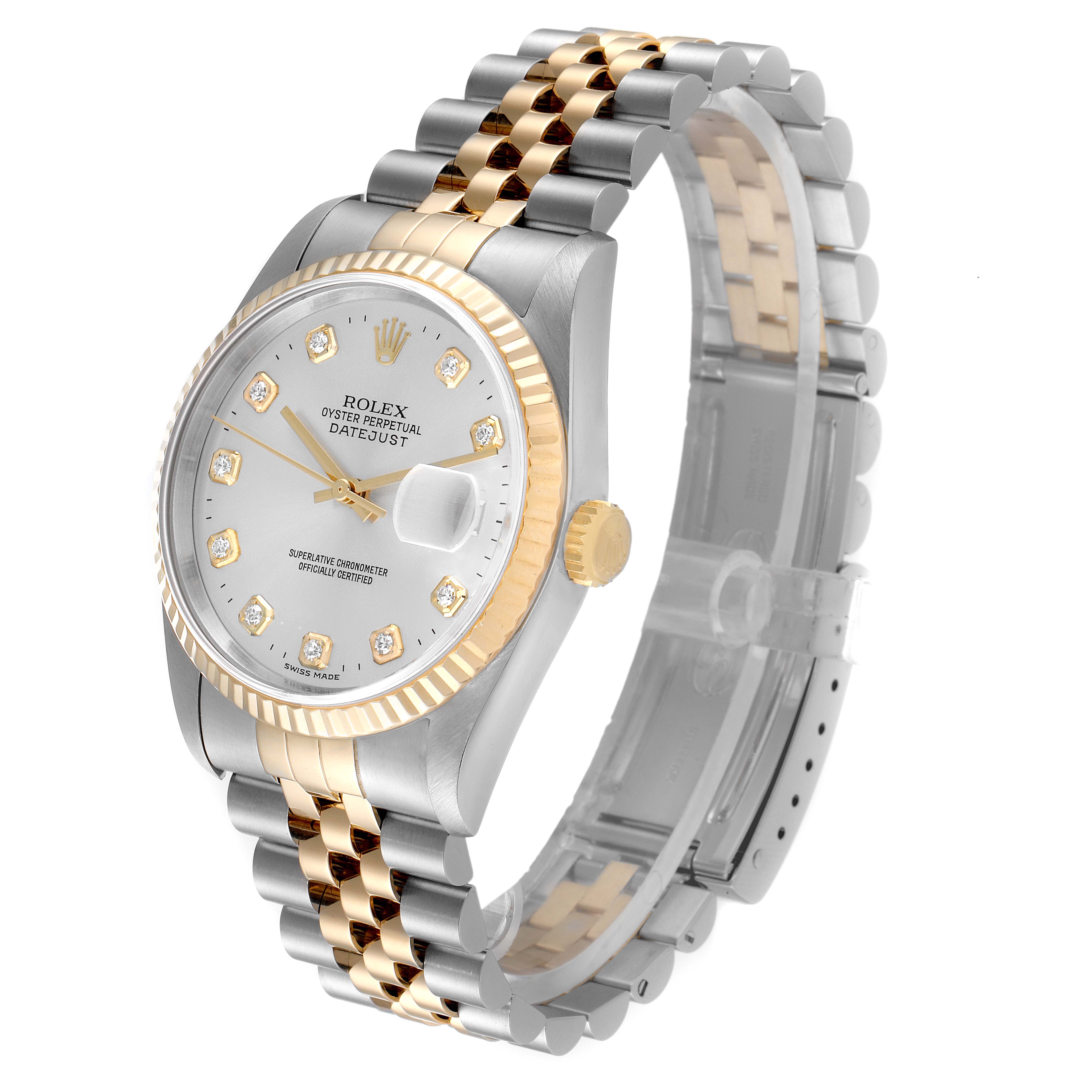 The Rolex Datejust 16233 Men's Steel and Gold (two tone) Silver Dial 16233 Men's Steel and Gold (two tone) Silver Dial watch is shown at a three-quarter angle, featuring the face, bezel, crown, and two-tone bracelet.