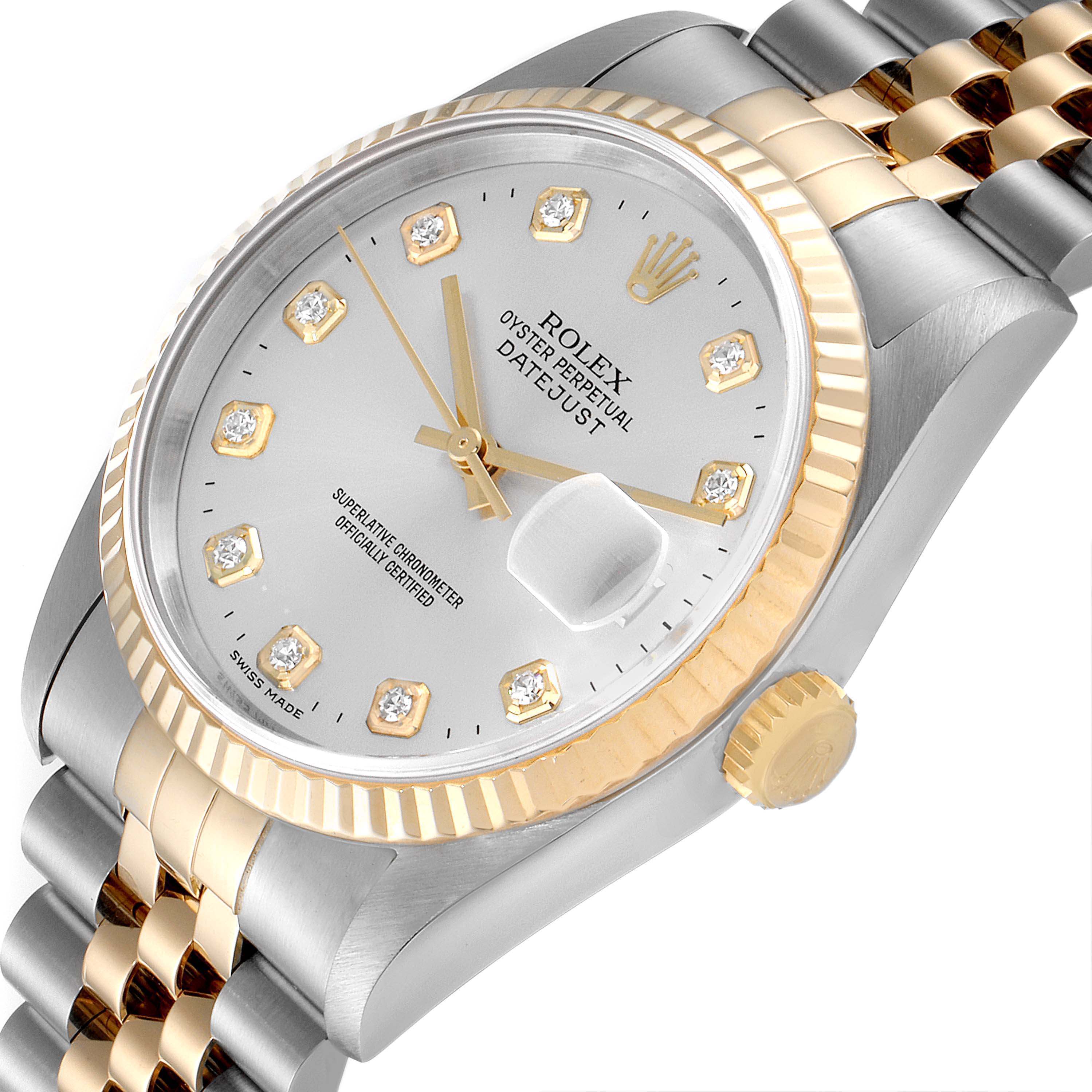 The Rolex Datejust 16233 Men's Steel and Gold (two tone) Silver Dial 16233 Men's Steel and Gold (two tone) Silver Dial watch is shown at an oblique angle highlighting its dial, bezel, and part of the bracelet.