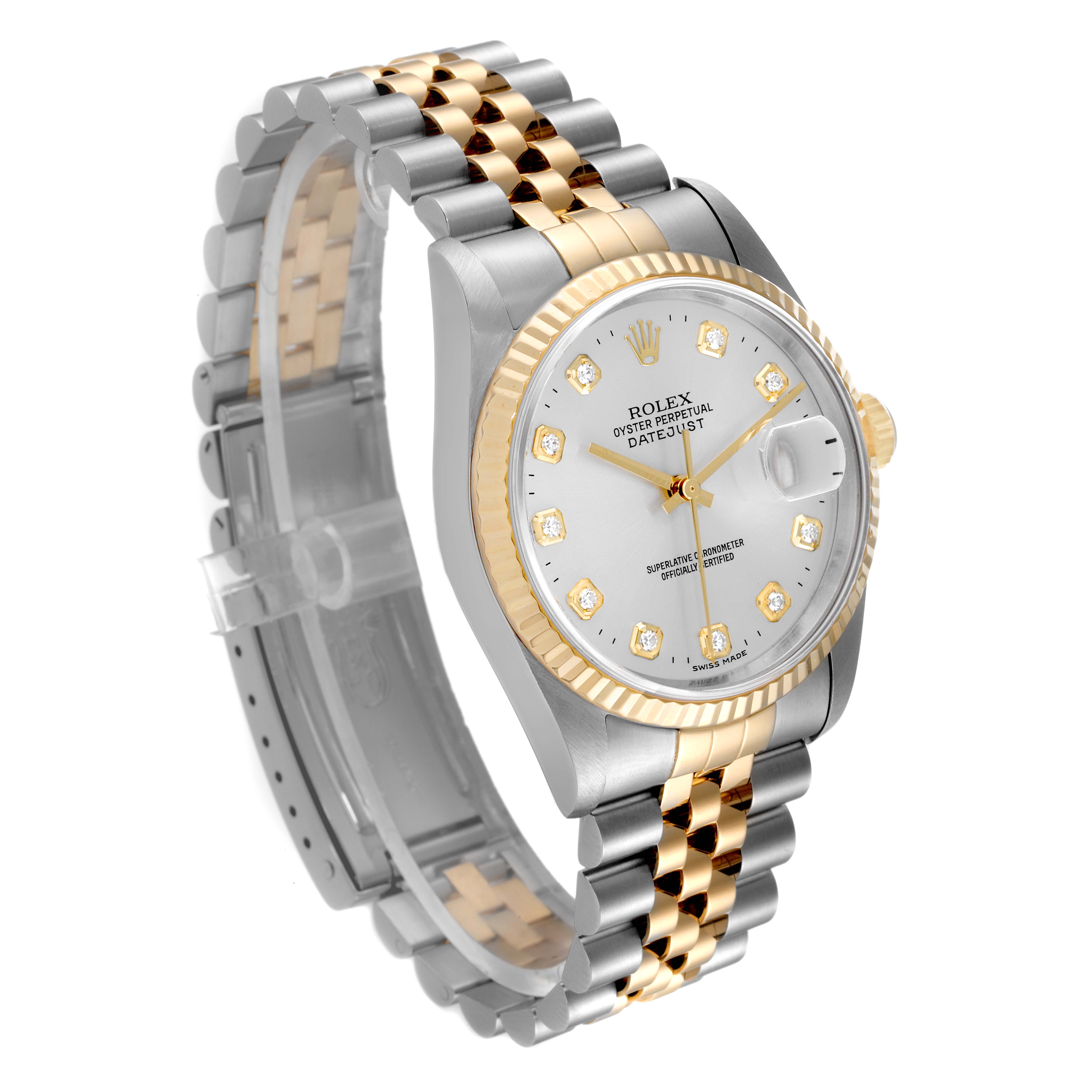 The Rolex Datejust 16233 Men's Steel and Gold (two tone) Silver Dial 16233 Men's Steel and Gold (two tone) Silver Dial watch is shown at a three-quarter angle, highlighting its face, bezel, crown, and two-tone bracelet.