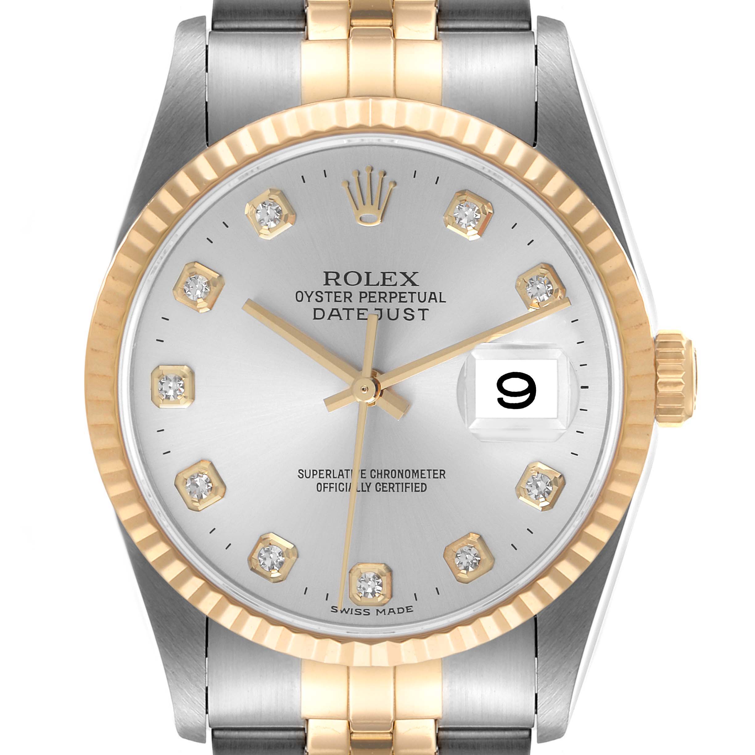 The Rolex Datejust 16233 Men's Steel and Gold (two tone) Silver Dial 16233 Men's Steel and Gold (two tone) Silver Dial watch is shown from the front, displaying the dial, hands, date window, bezel, and part of the bracelet.