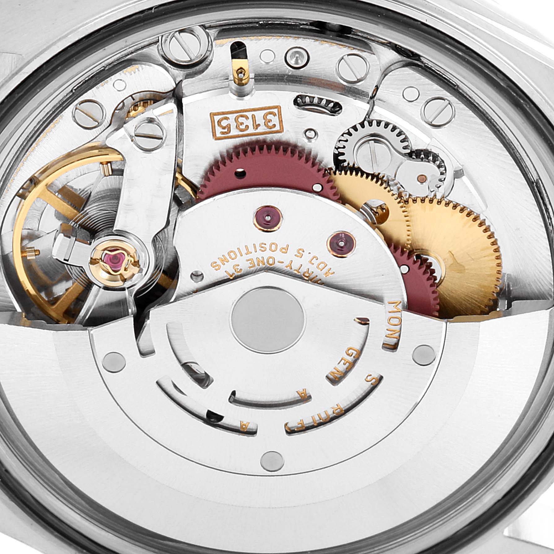 This image shows the inner mechanical movement of the Rolex Datejust 16233 Men's Steel and Gold (two tone) Silver Dial 16233 Men's Steel and Gold (two tone) Silver Dial watch, viewed from the back.