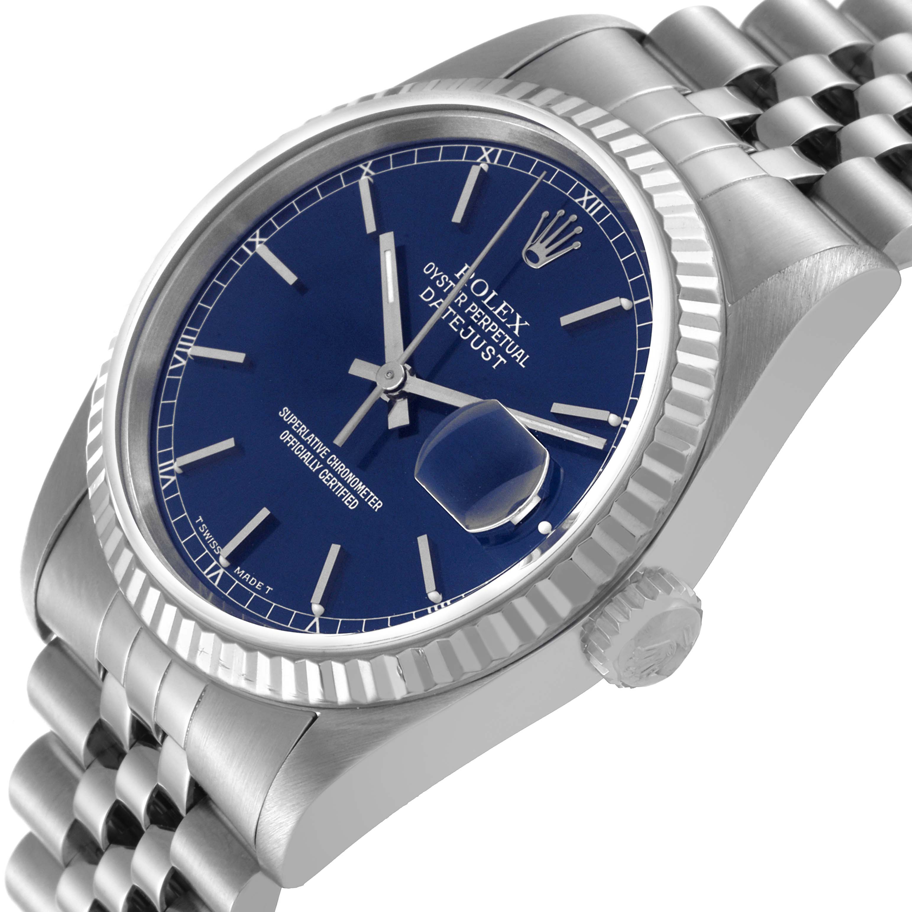 The Rolex Datejust 16234 Men's Stainless Steel Blue Dial 16234 Men's Stainless Steel Blue Dial watch is shown at a three-quarter angle focusing on the face, bezel, and part of the bracelet.