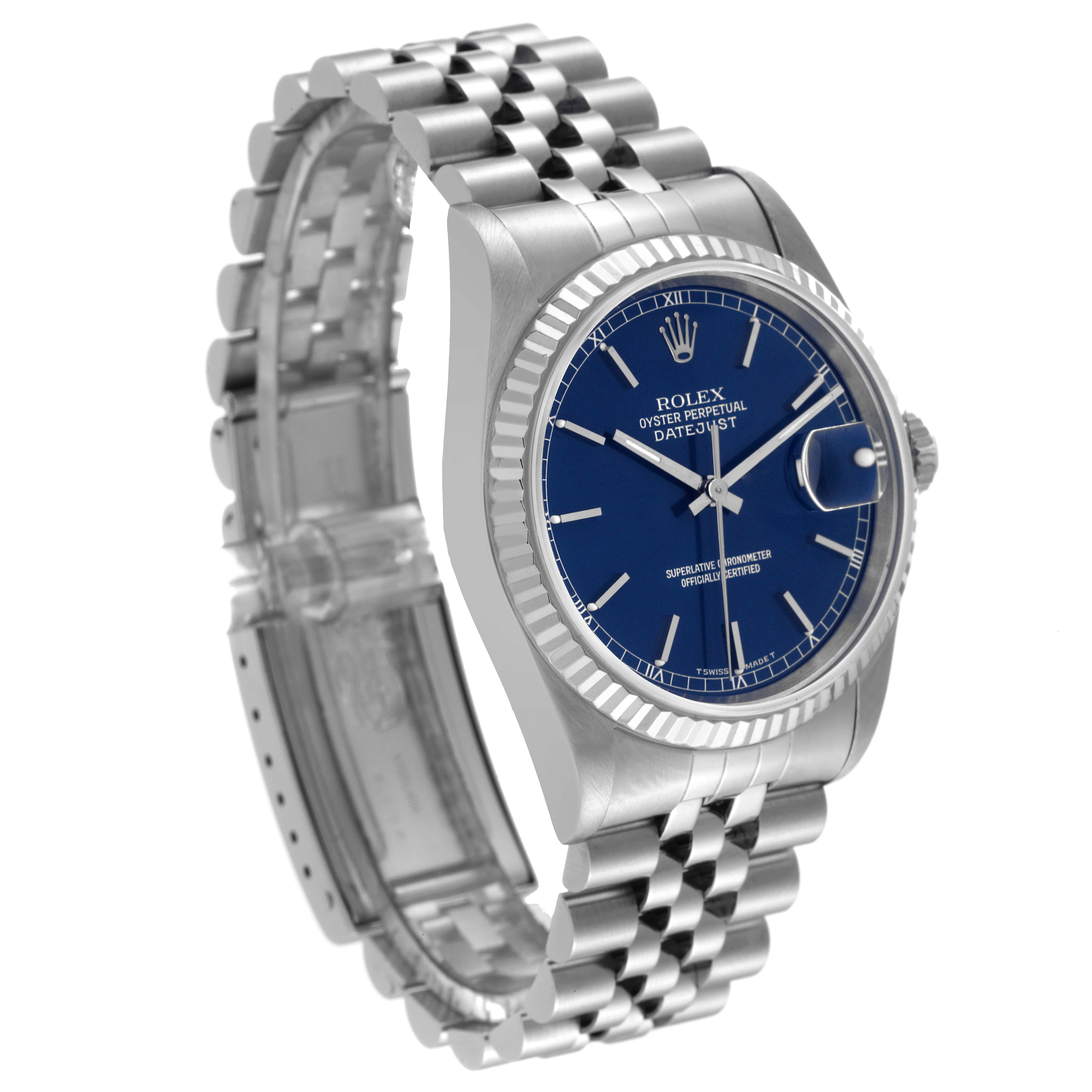 The image shows a side-angle view of the Rolex Datejust 16234 Men's Stainless Steel Blue Dial 16234 Men's Stainless Steel Blue Dial watch, highlighting its blue dial, fluted bezel, and Jubilee bracelet.