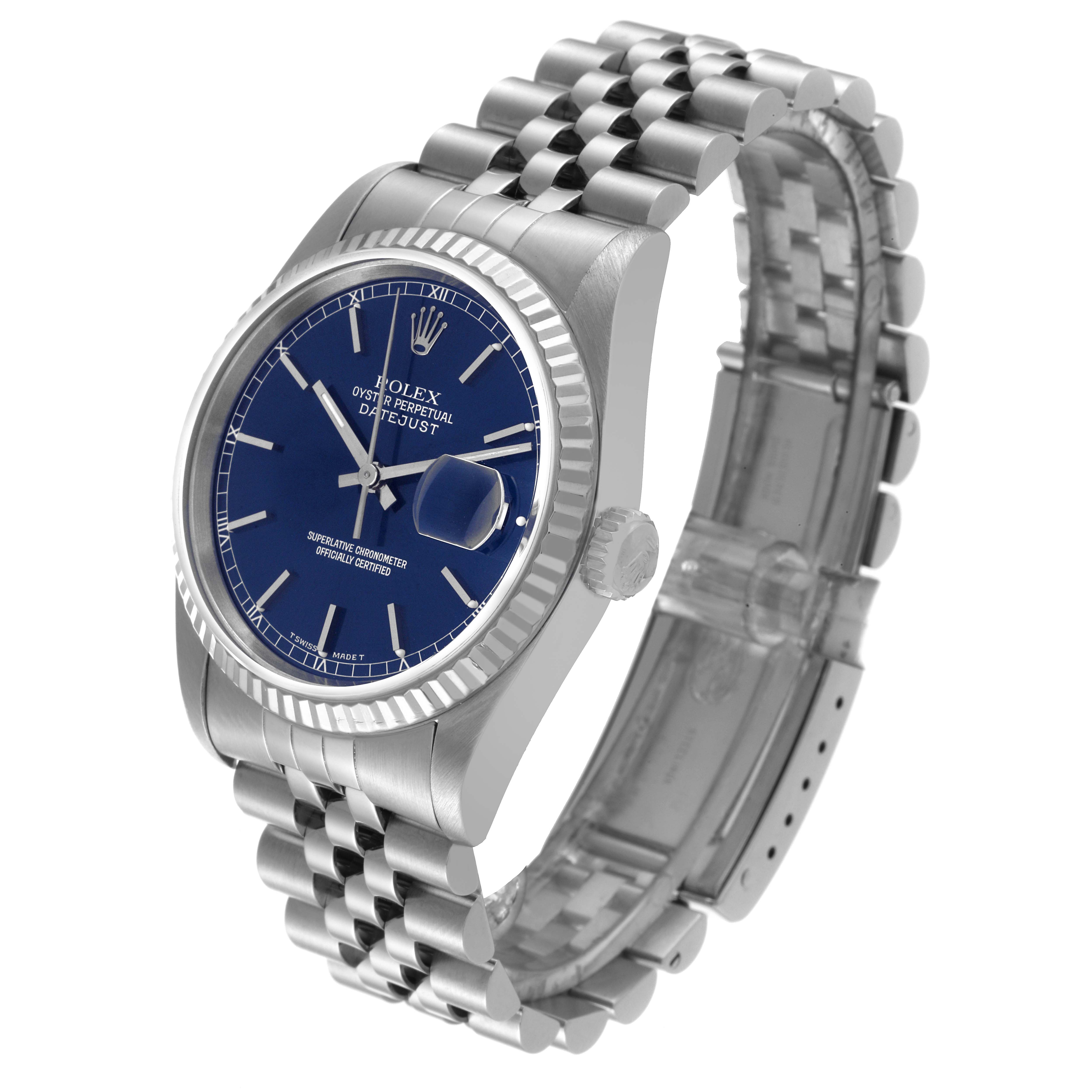 This image shows a Rolex Datejust 16234 Men's Stainless Steel Blue Dial 16234 Men's Stainless Steel Blue Dial watch at an angled side view, highlighting its blue dial, fluted bezel, and jubilee bracelet.