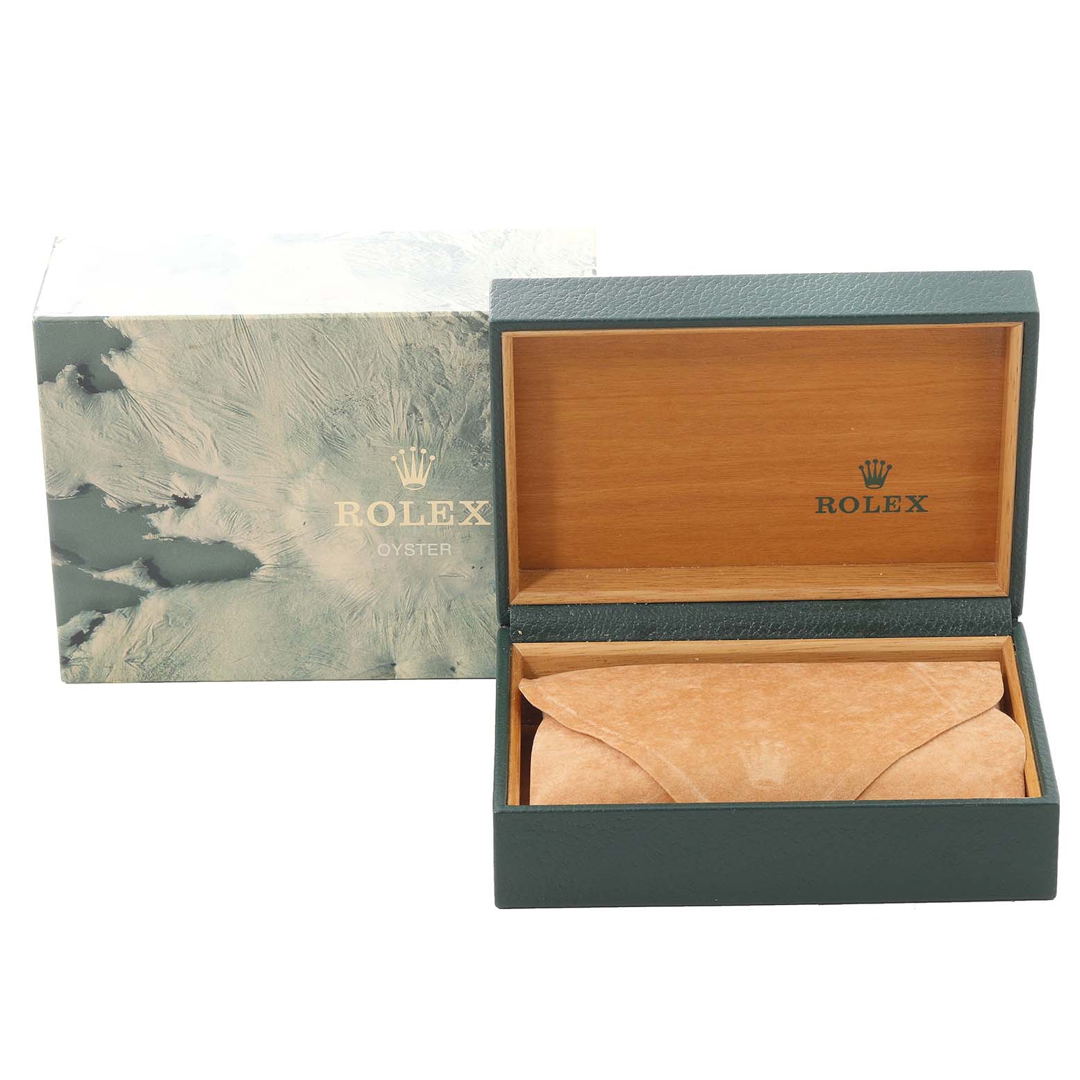 This image shows an open Rolex Datejust 16234 Men's Stainless Steel Blue Dial 16234 Men's Stainless Steel Blue Dial watch box with a beige pouch inside, revealing the interior wood lining and the outer box.